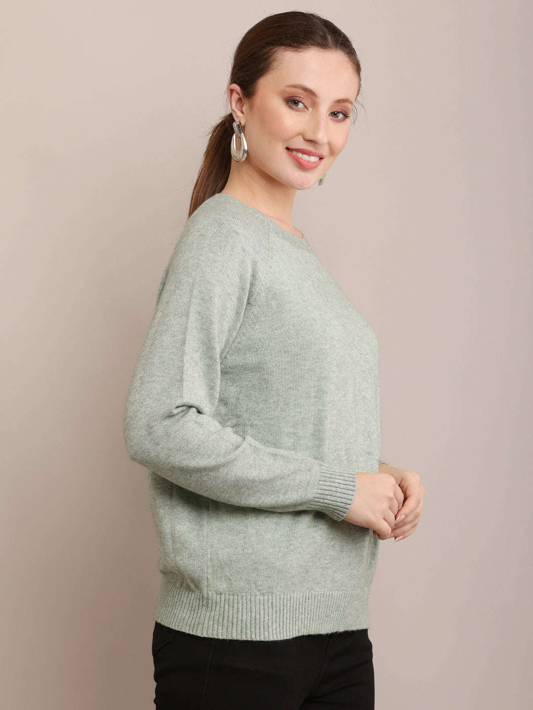 Polyester Full Sleeve with Round Neck Light Green Sweater