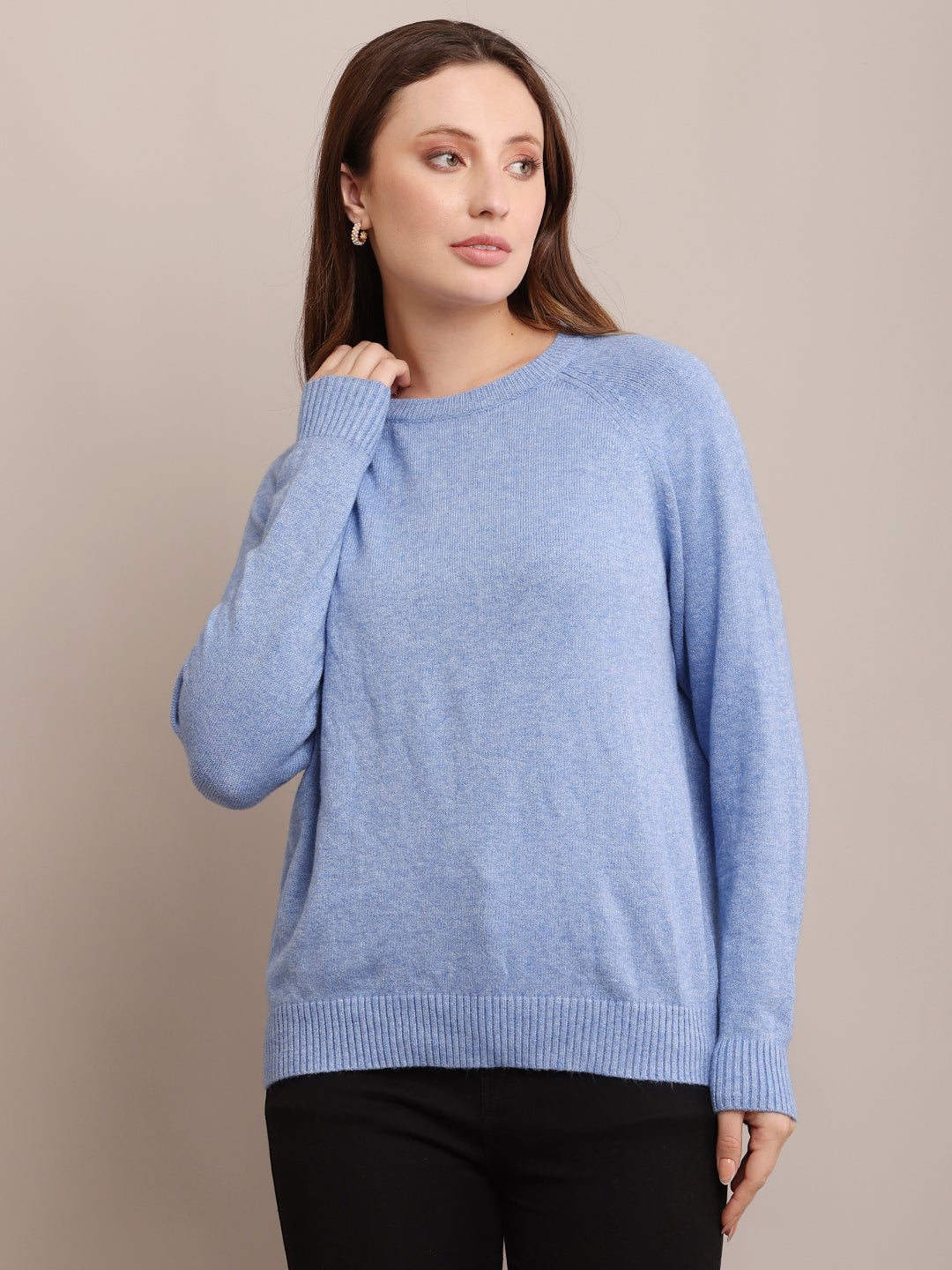 Polyester Full Sleeve with Round Neck Sky Blue Sweater