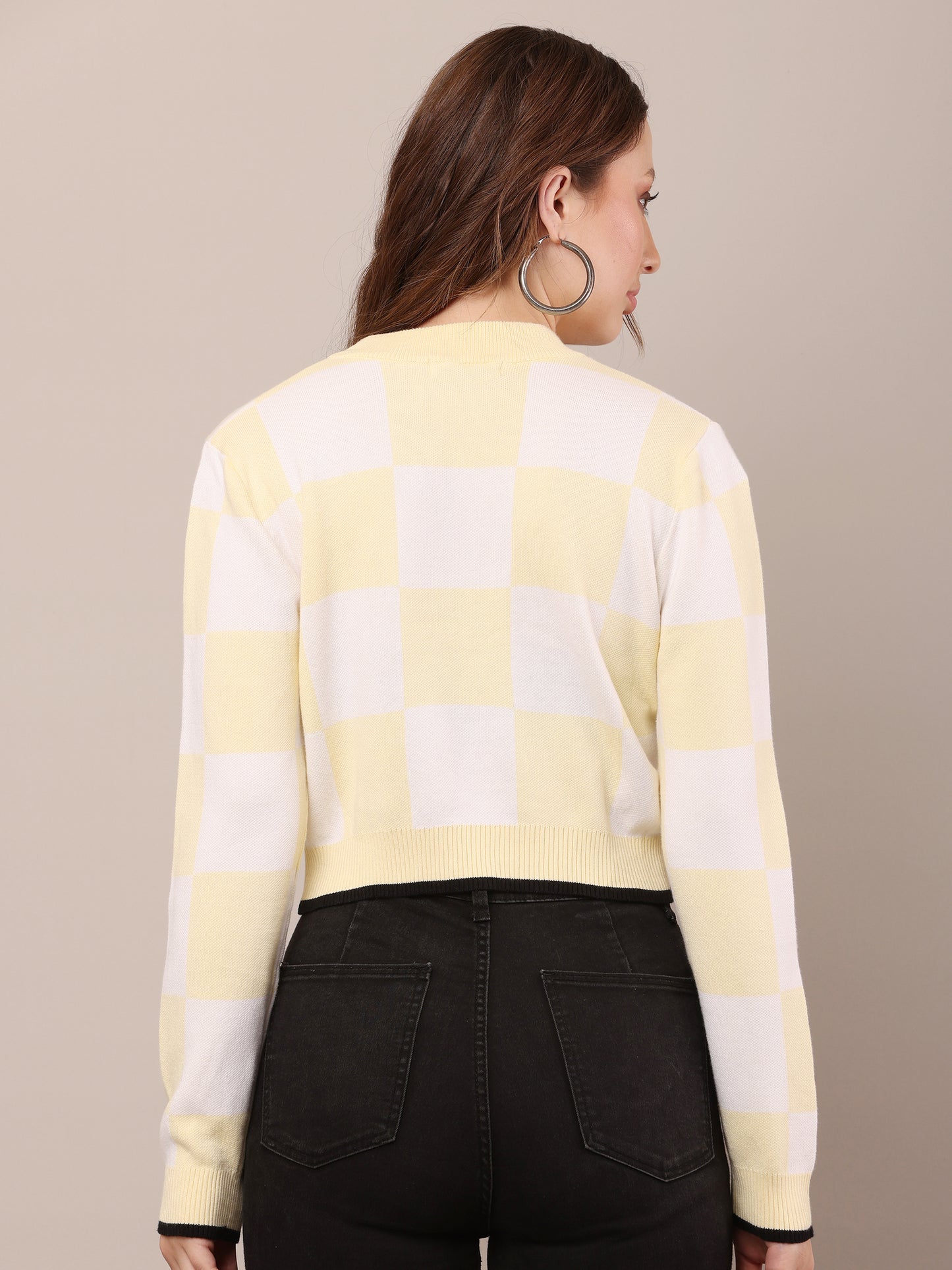 Acrylic Full Sleeve Crew Neck White and Yellow Check Sweater