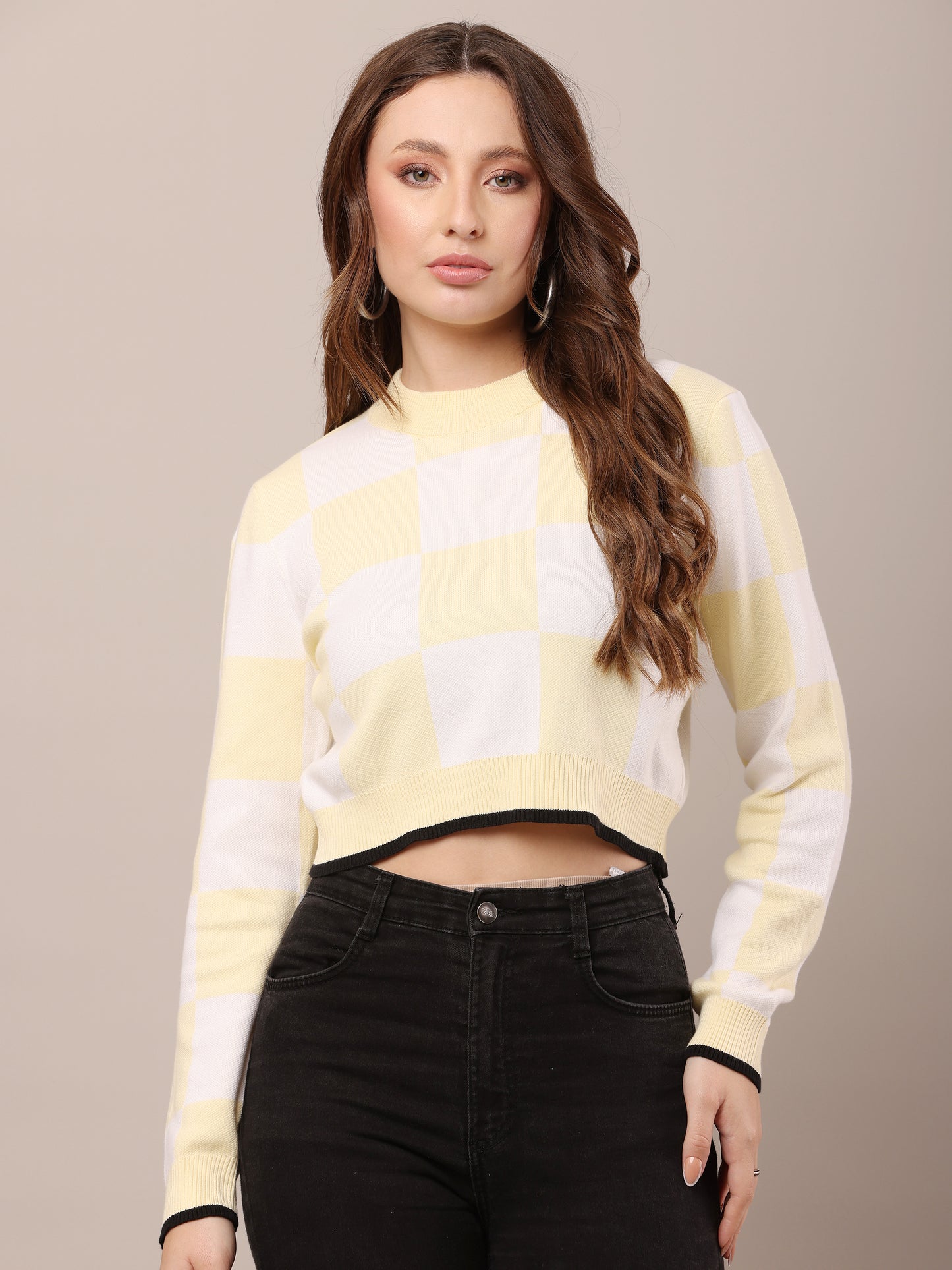 Acrylic Full Sleeve Crew Neck White and Yellow Check Sweater