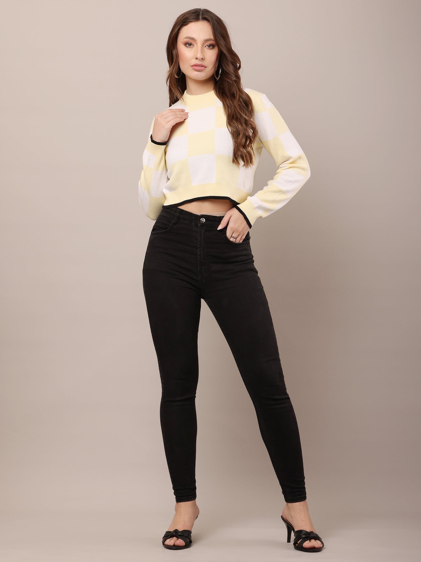 Acrylic Full Sleeve Crew Neck White and Yellow Check Sweater