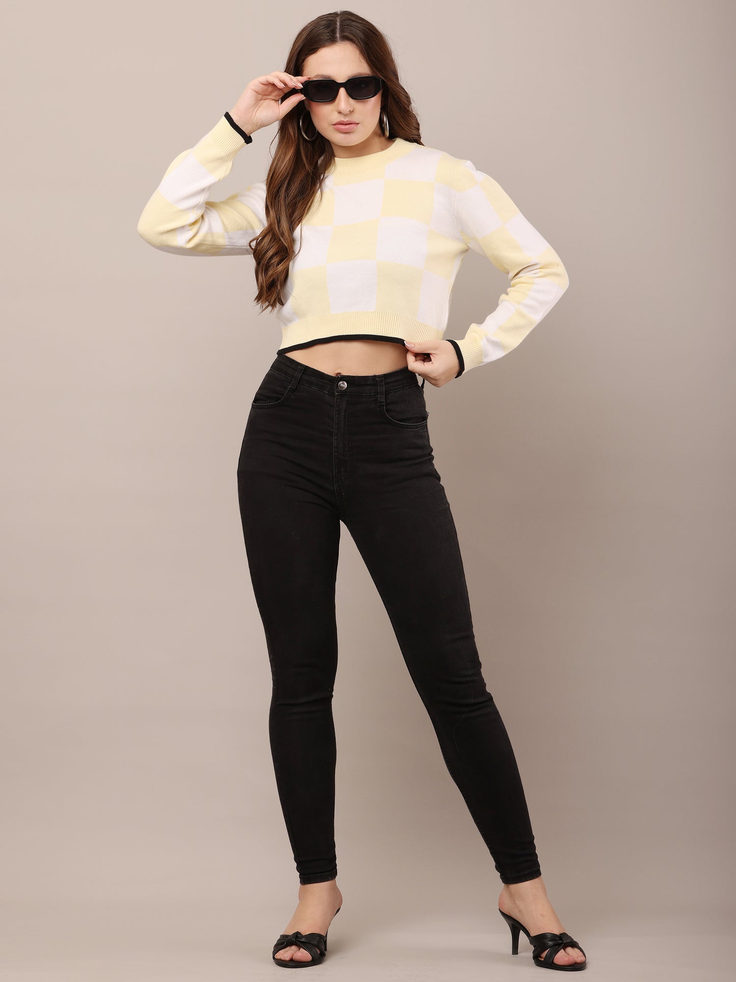 Acrylic Full Sleeve Crew Neck White and Yellow Check Sweater