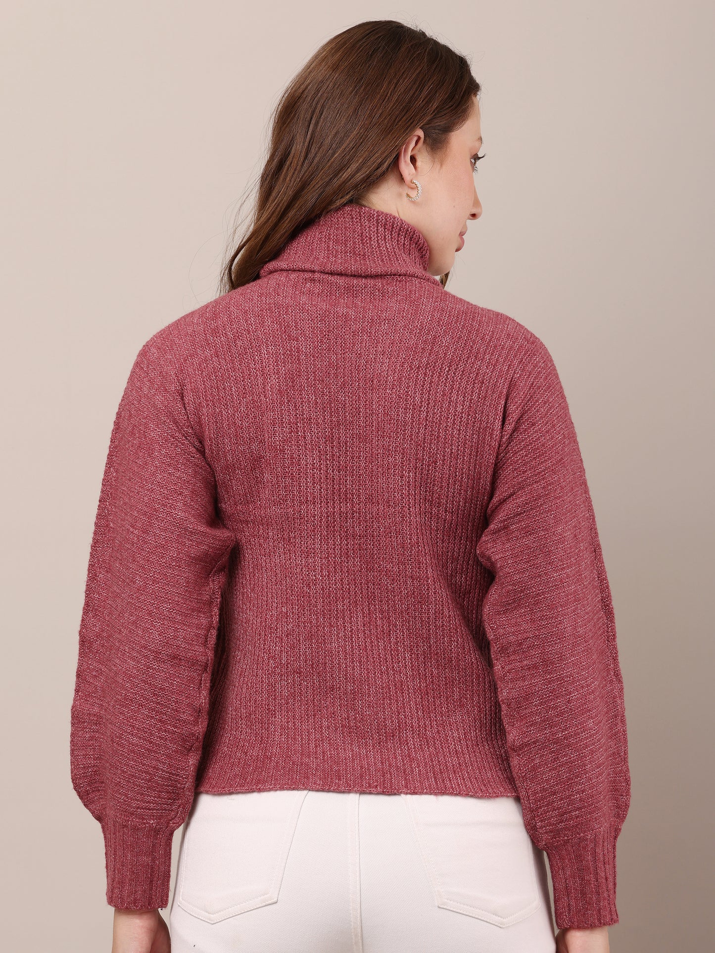 Acrylic Full Sleeve with high neck cable knit wine sweater