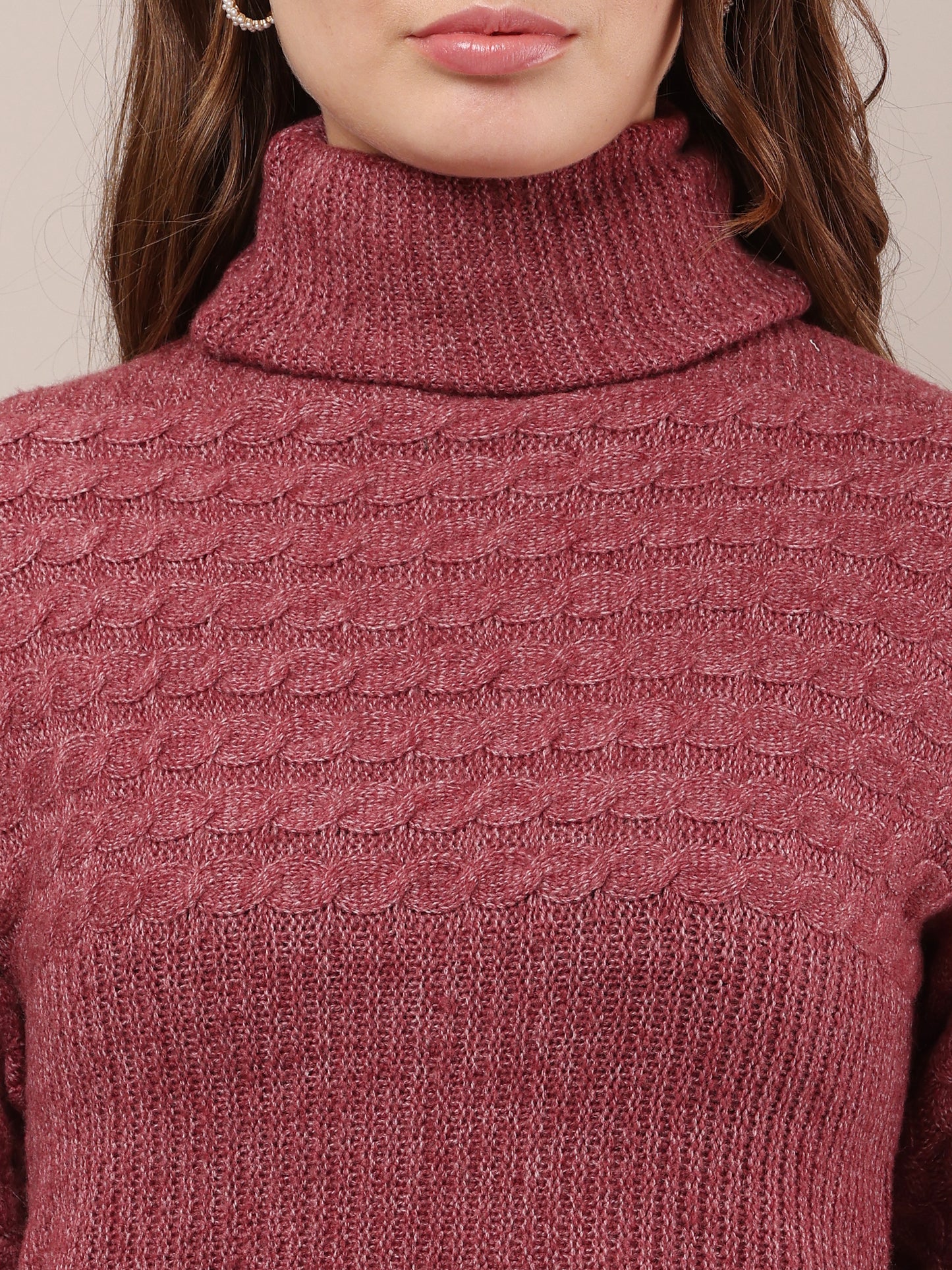 Acrylic Full Sleeve with high neck cable knit wine sweater