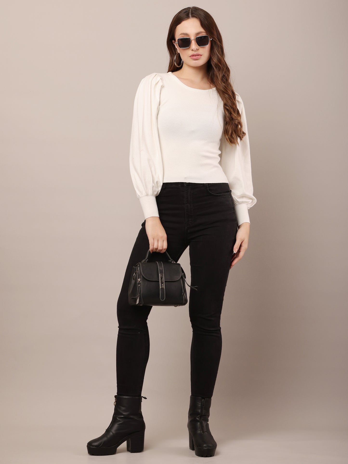 Viscose Round neck with puff long sleeve Ribbed off-white Top