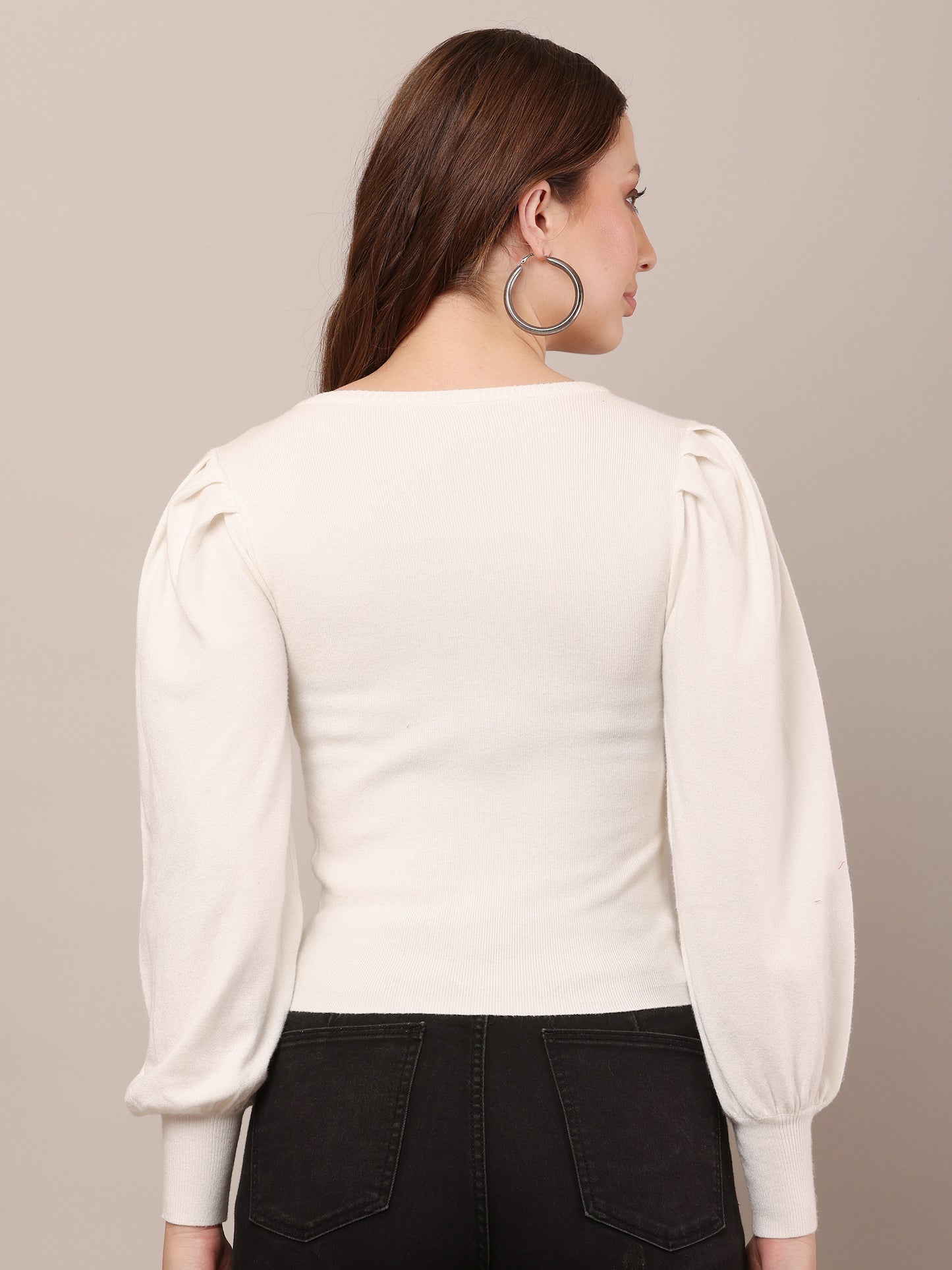 Viscose Round neck with puff long sleeve Ribbed off-white Top