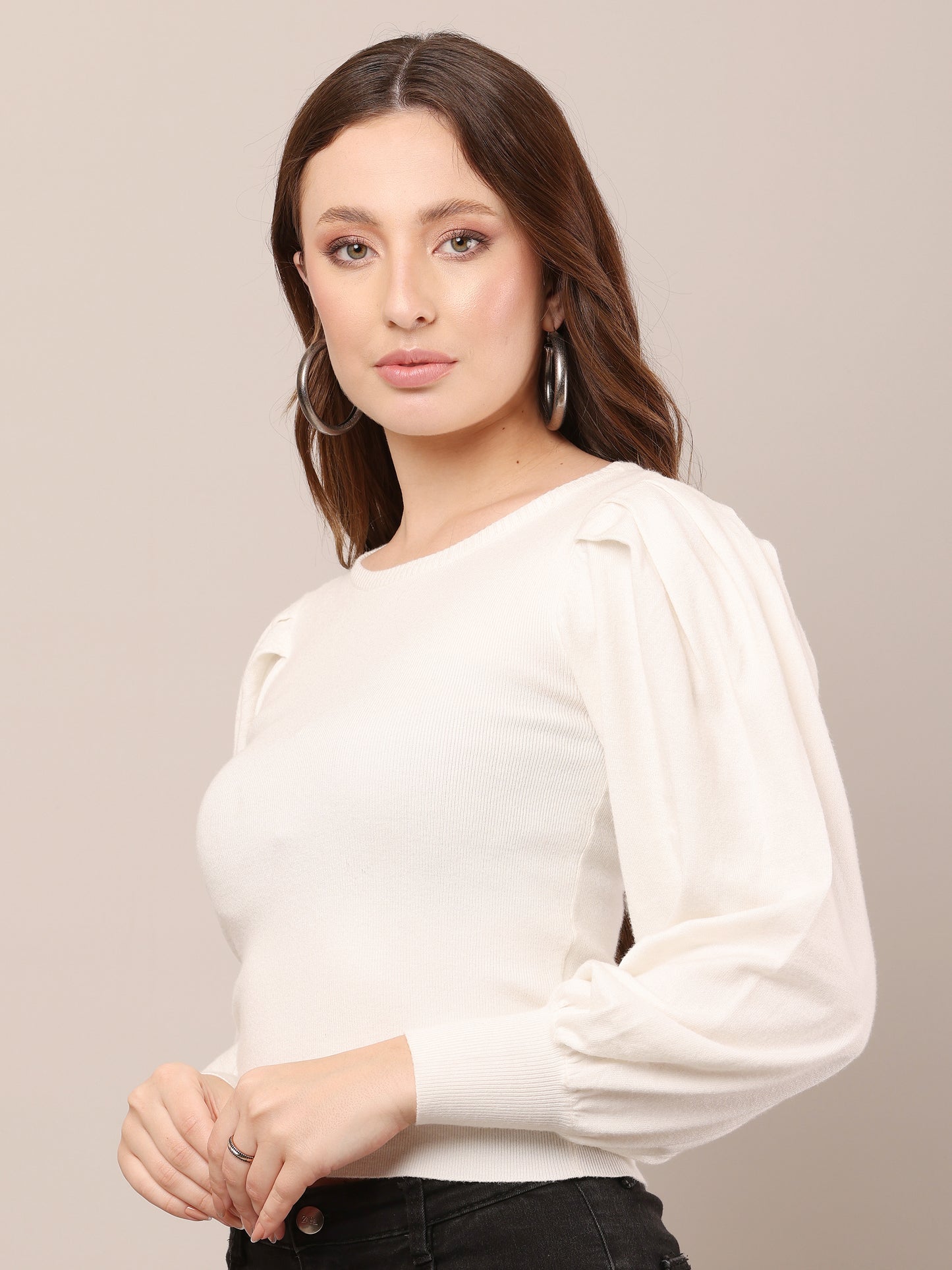Viscose Round neck with puff long sleeve Ribbed off-white Top
