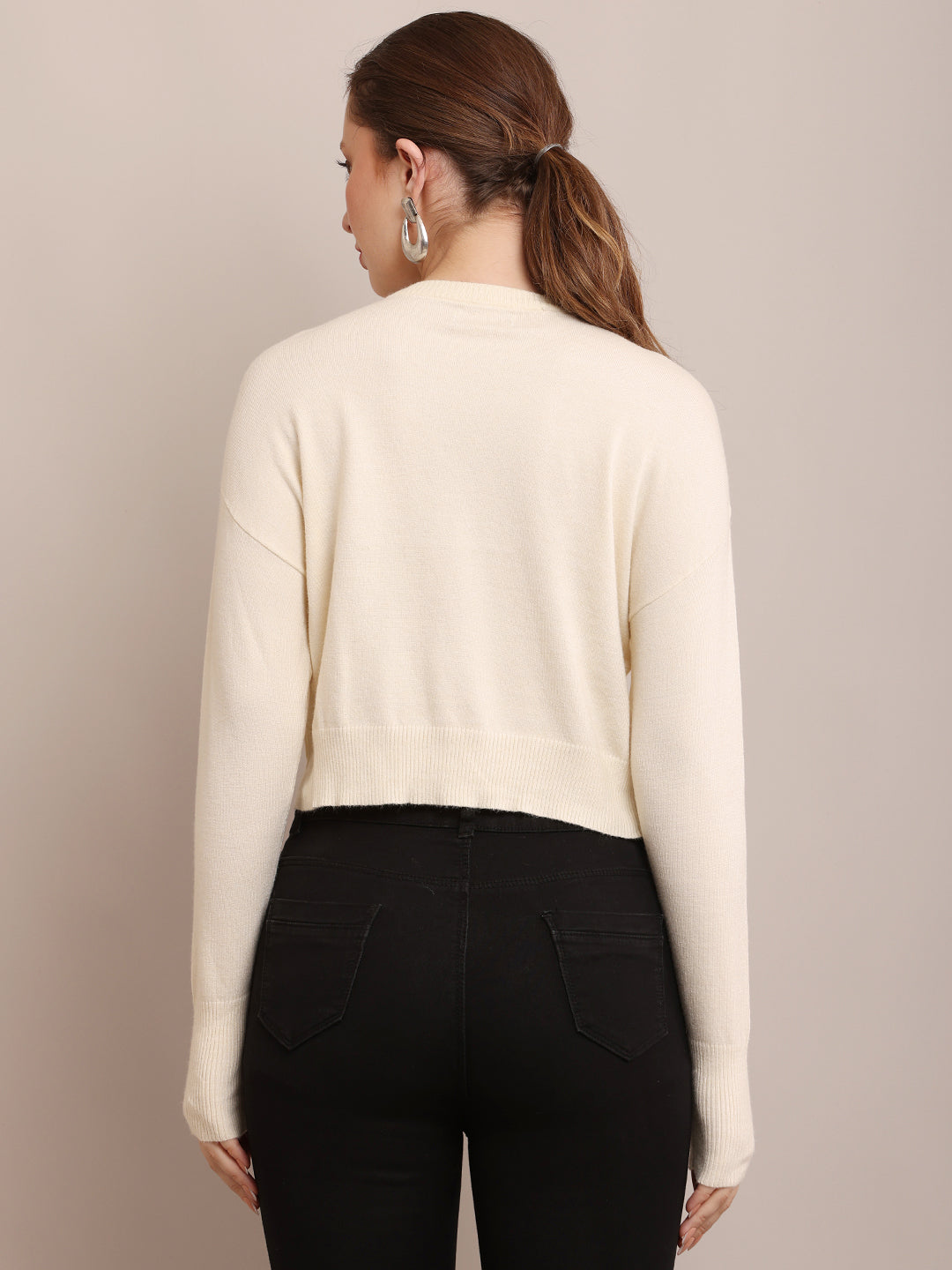 Viscose Full Sleeve Round Neck Crop Cream Sweater