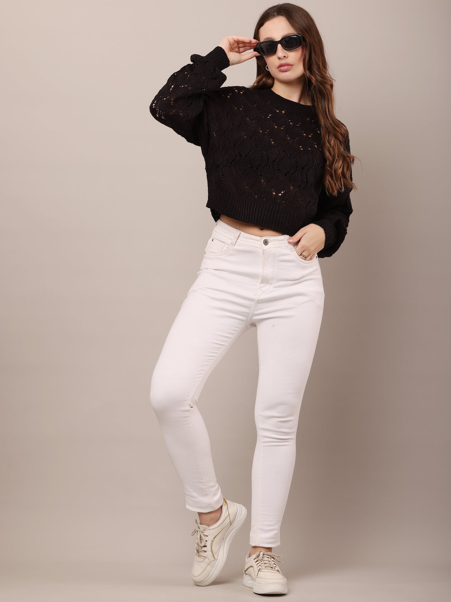 Cotton drop shoulder with full sleeve Crew neck Black crochet knit sweater