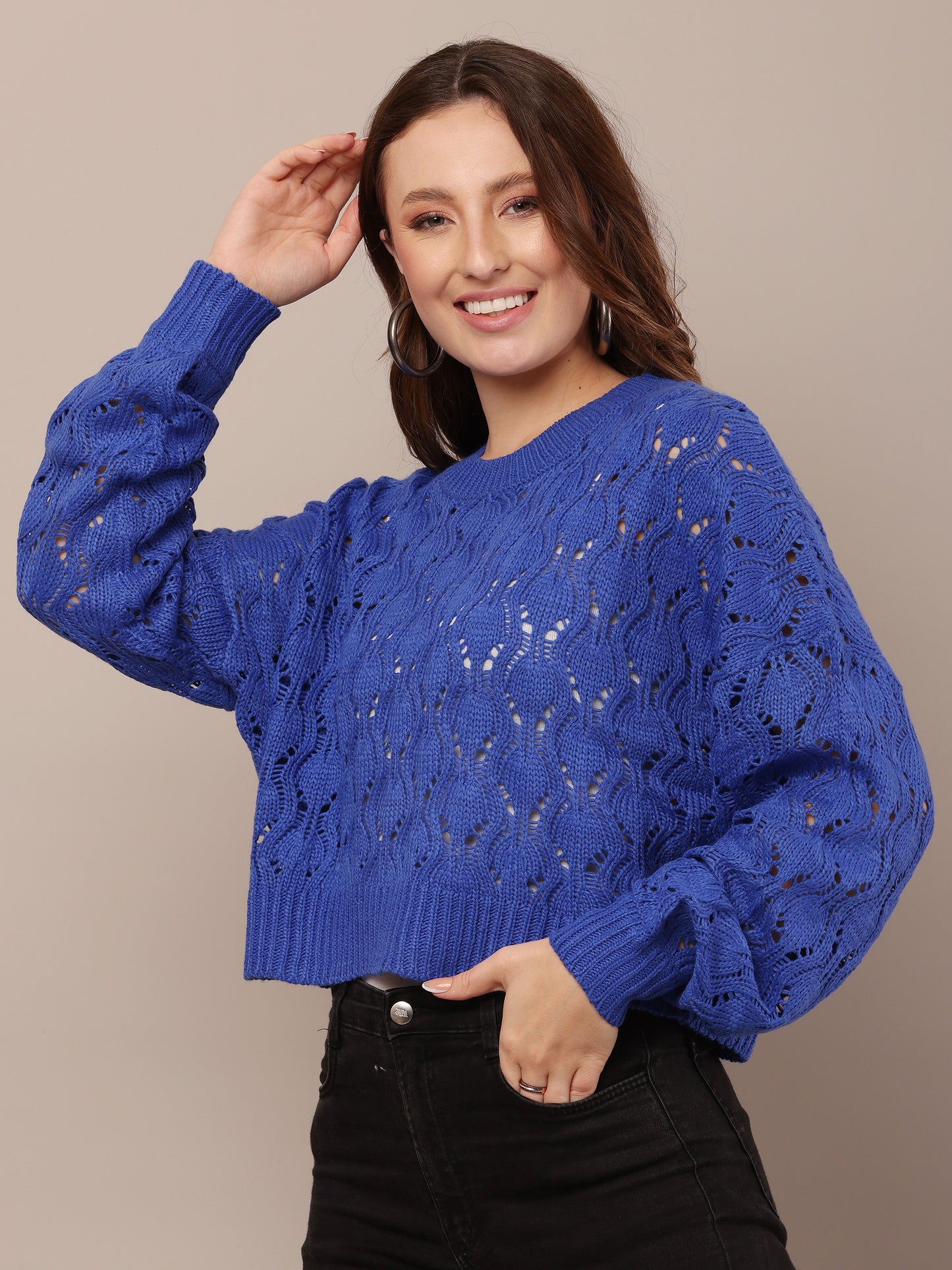 Cotton drop shoulder with full sleeve Crew neck Blue crochet knit sweater