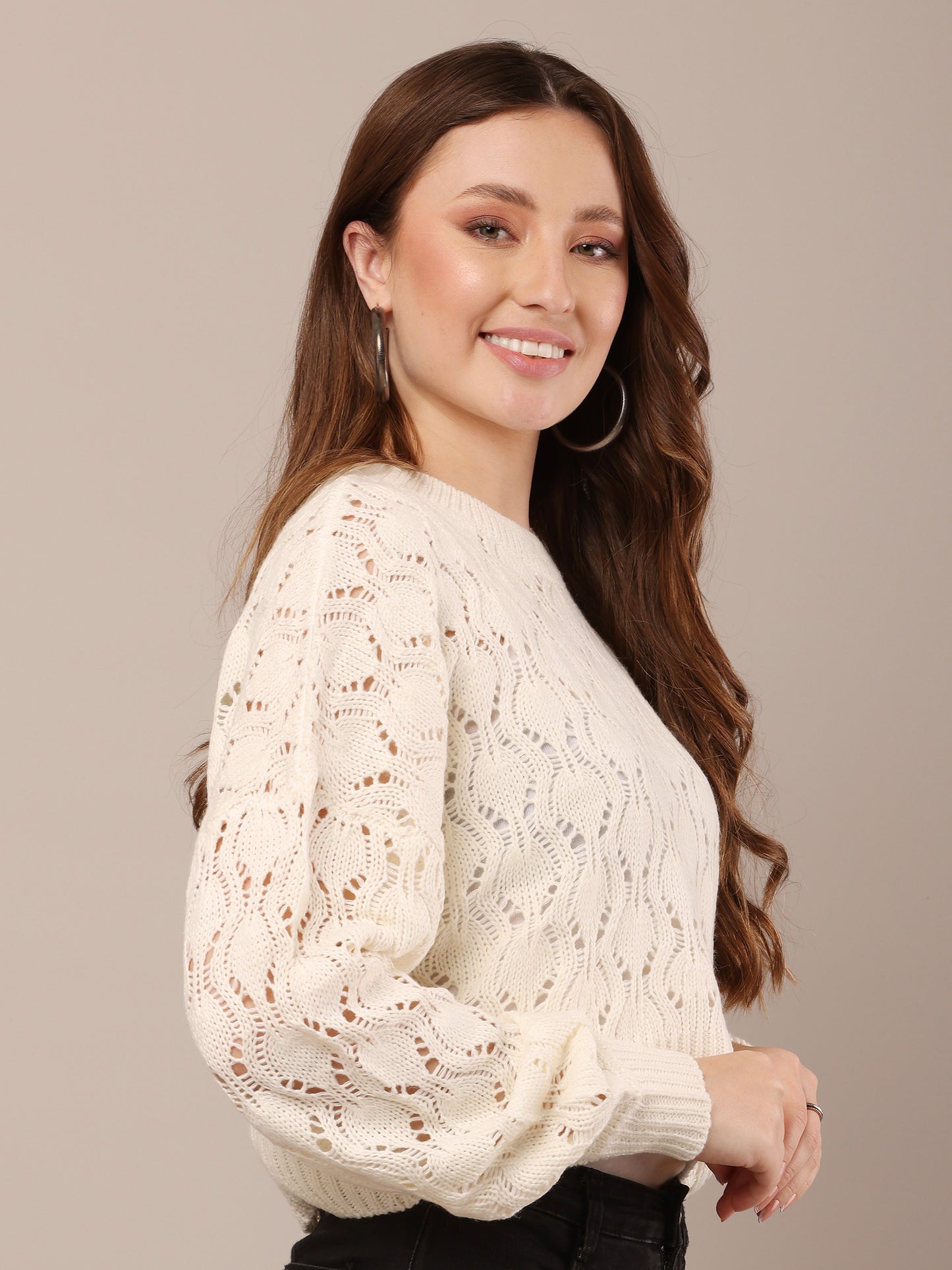 Cotton drop shoulder with full sleeve Crew neck White crochet knit sweater