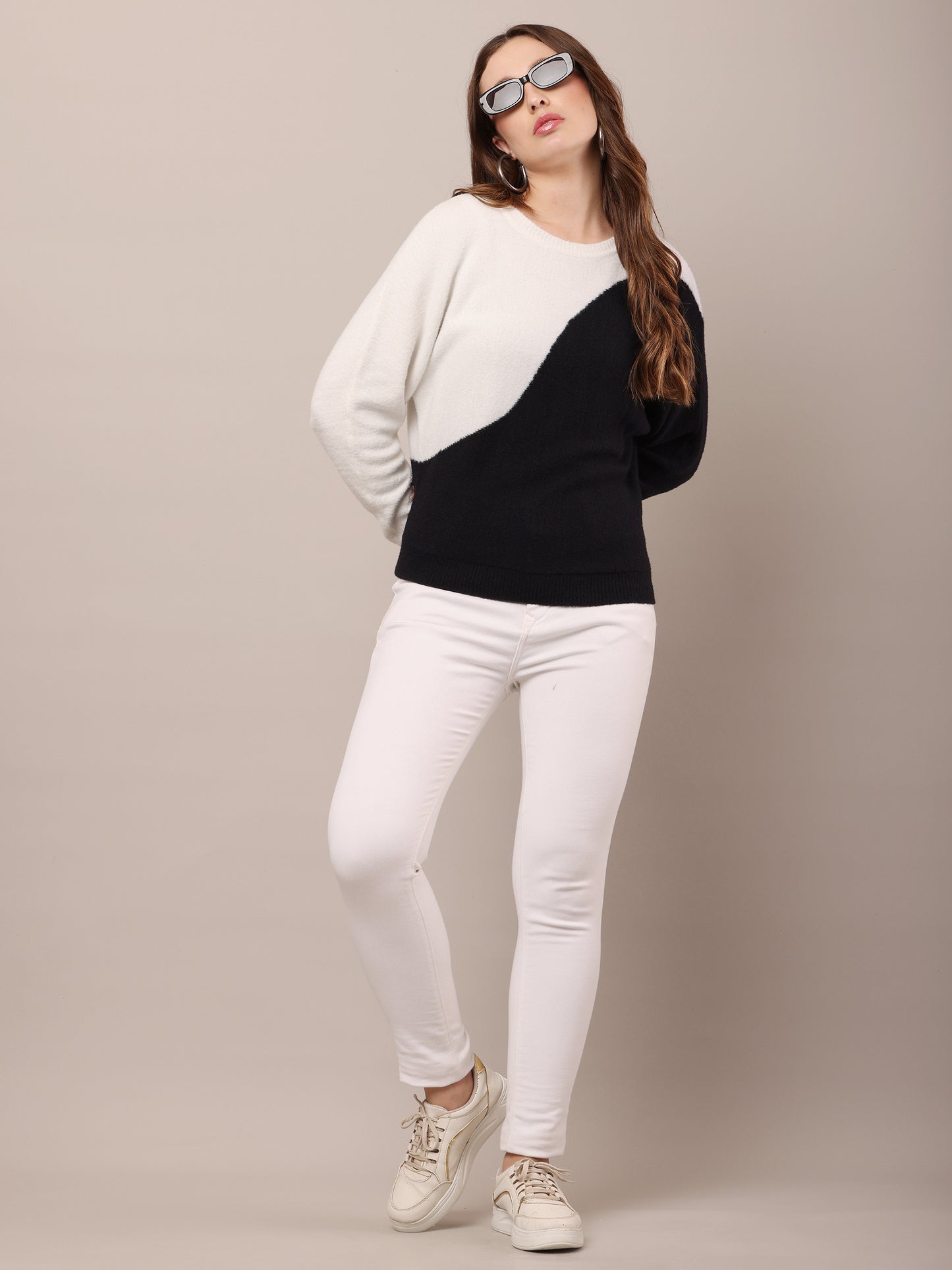 Nylon Full Sleeve with Round Neck Colourblocked Sweater
