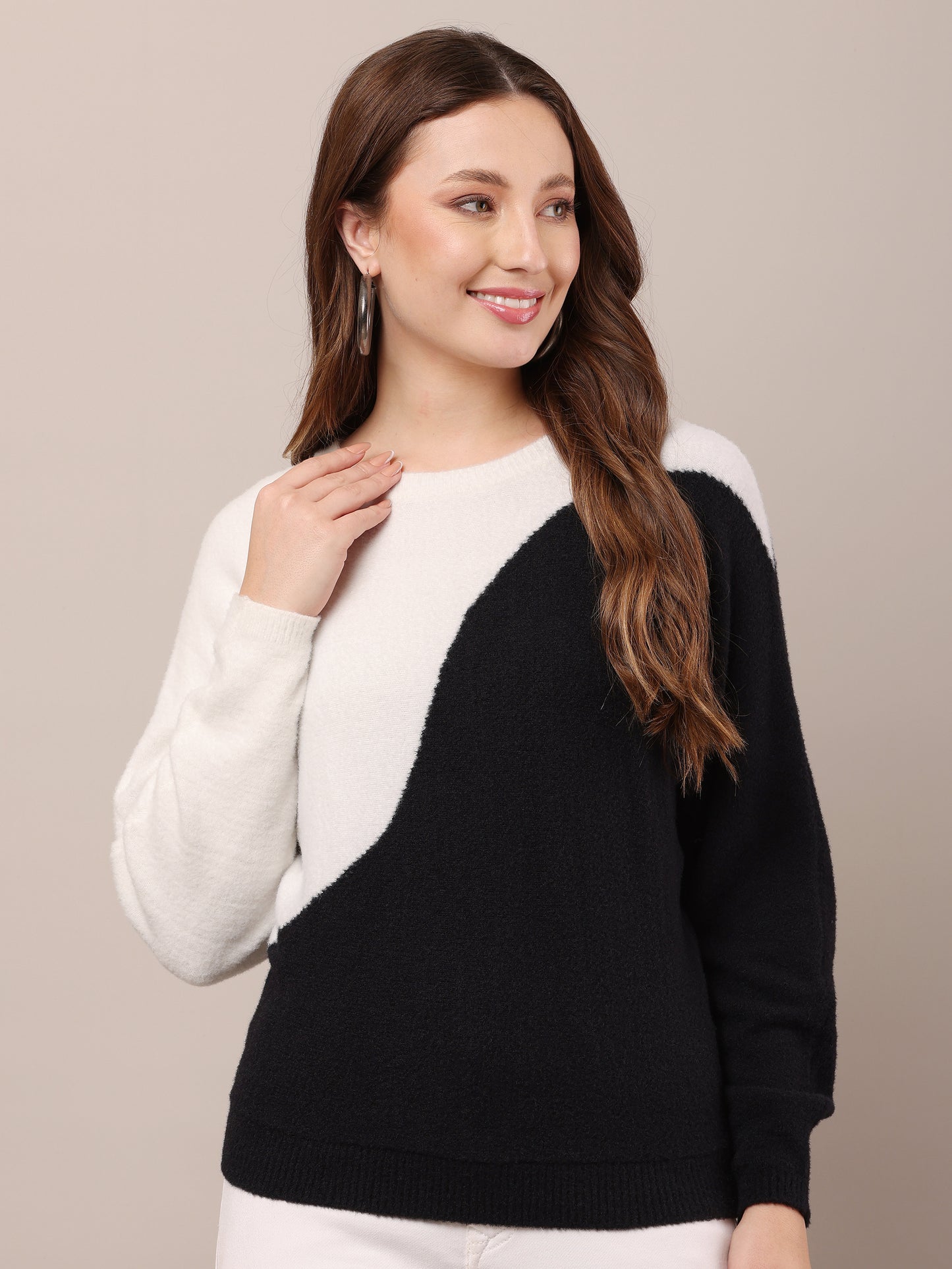 Nylon Full Sleeve with Round Neck Colourblocked Sweater