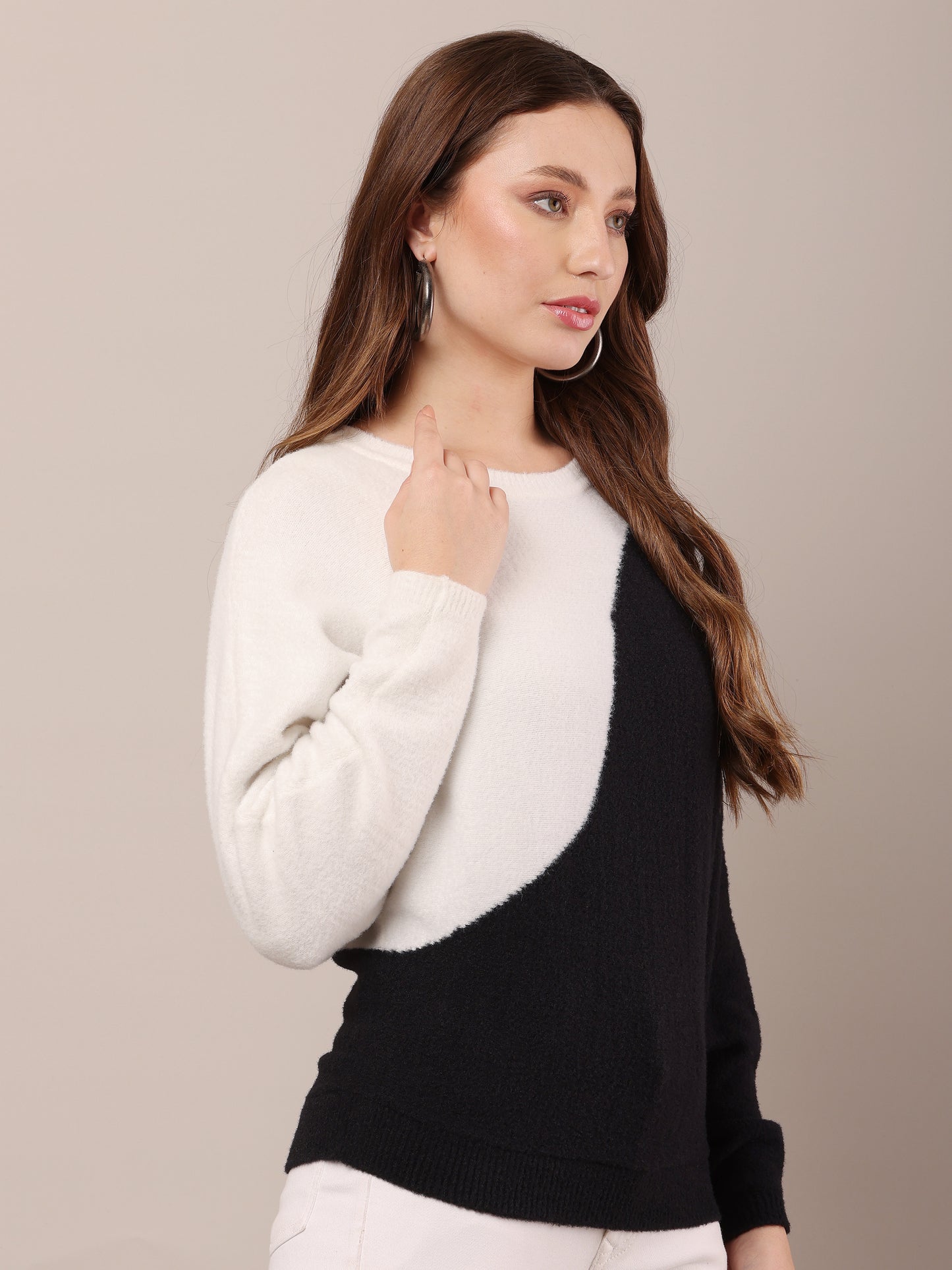 Nylon Full Sleeve with Round Neck Colourblocked Sweater