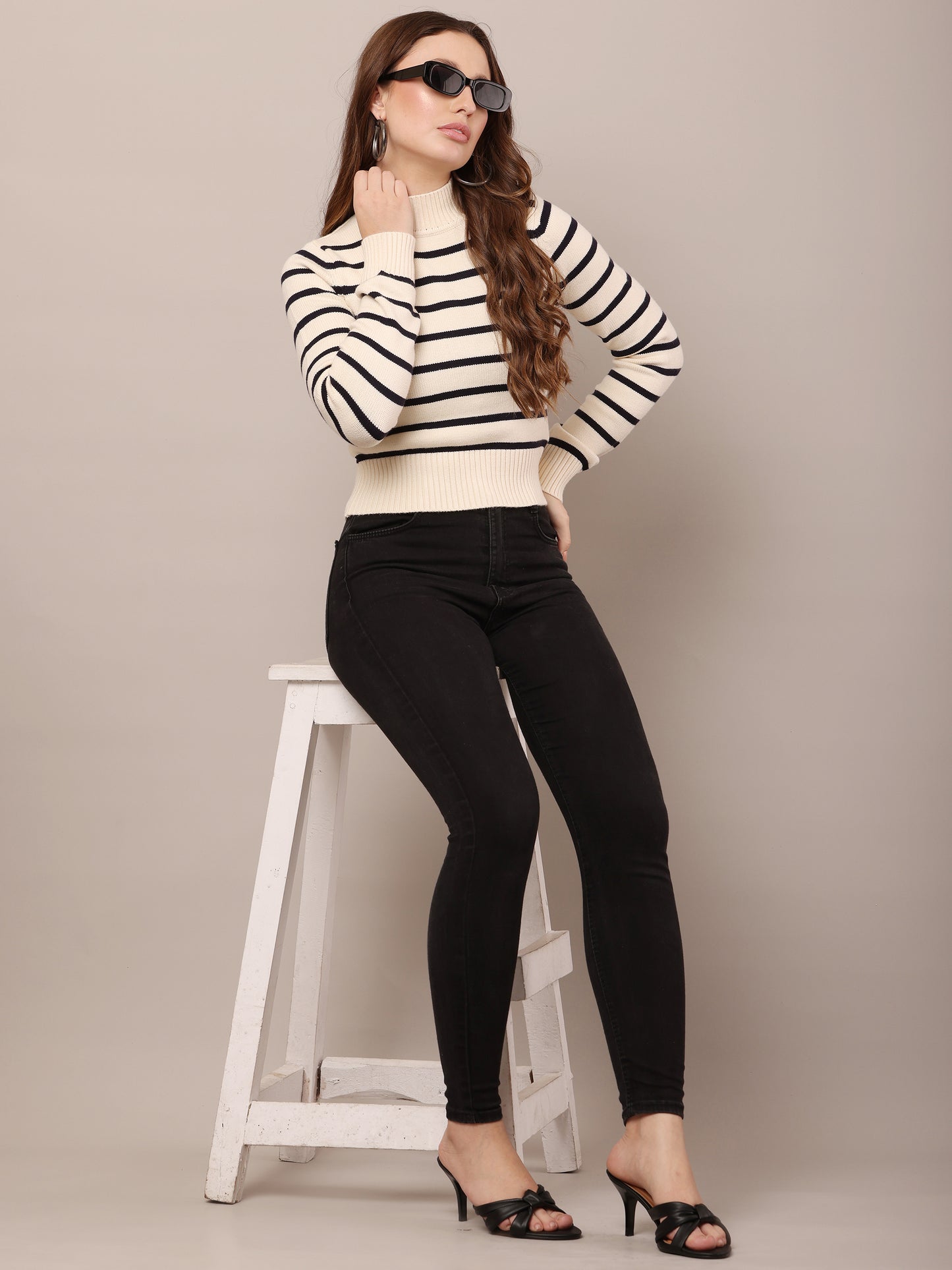 Viscose High Neck with Full Sleeve cream and Black Striped Sweater