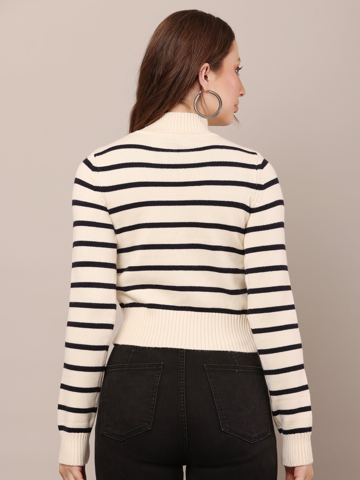 Viscose High Neck with Full Sleeve cream and Black Striped Sweater