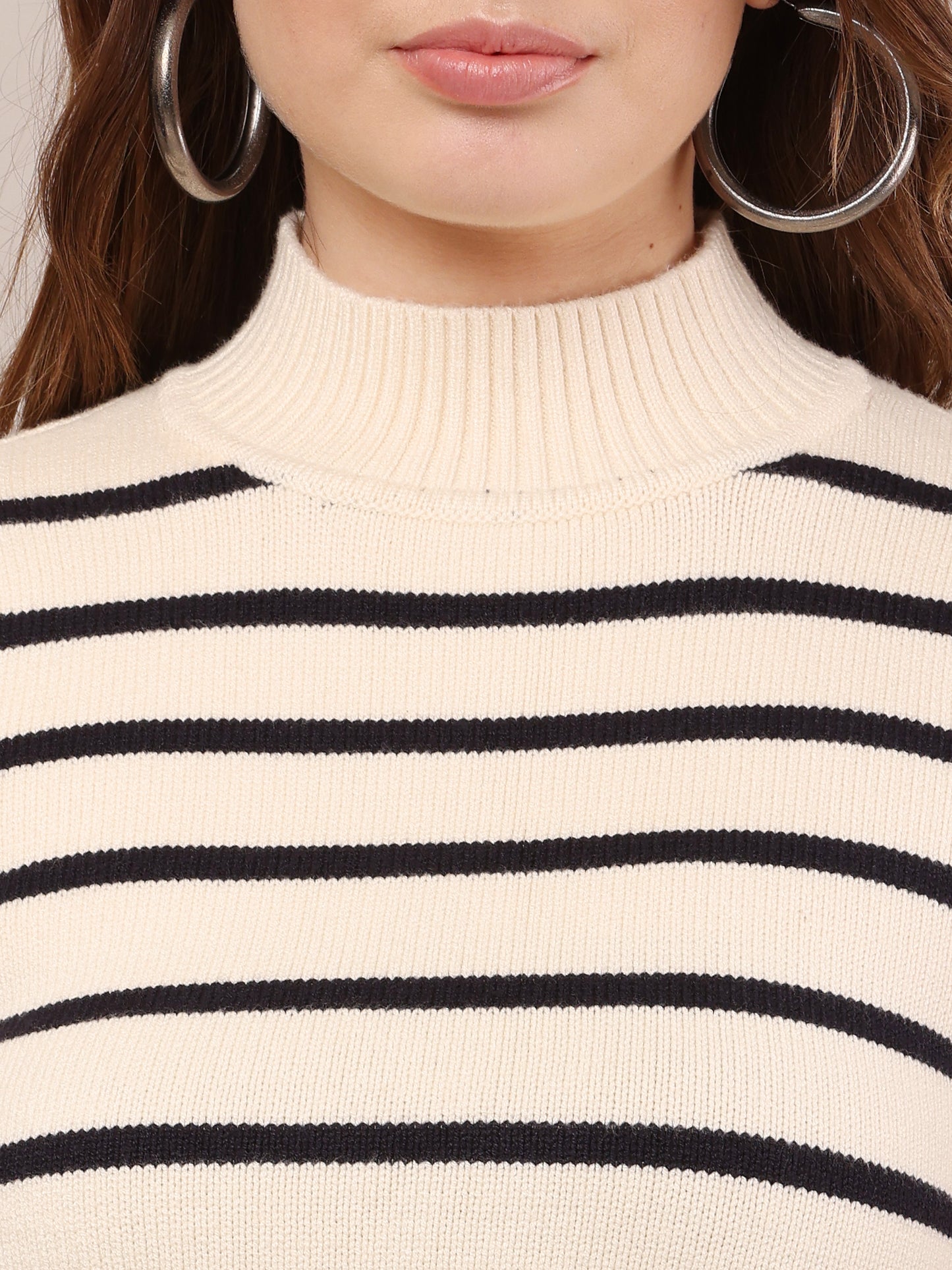 Viscose High Neck with Full Sleeve cream and Black Striped Sweater