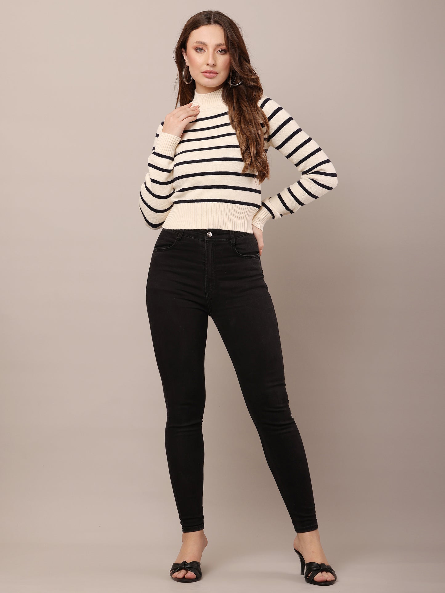 Viscose High Neck with Full Sleeve cream and Black Striped Sweater