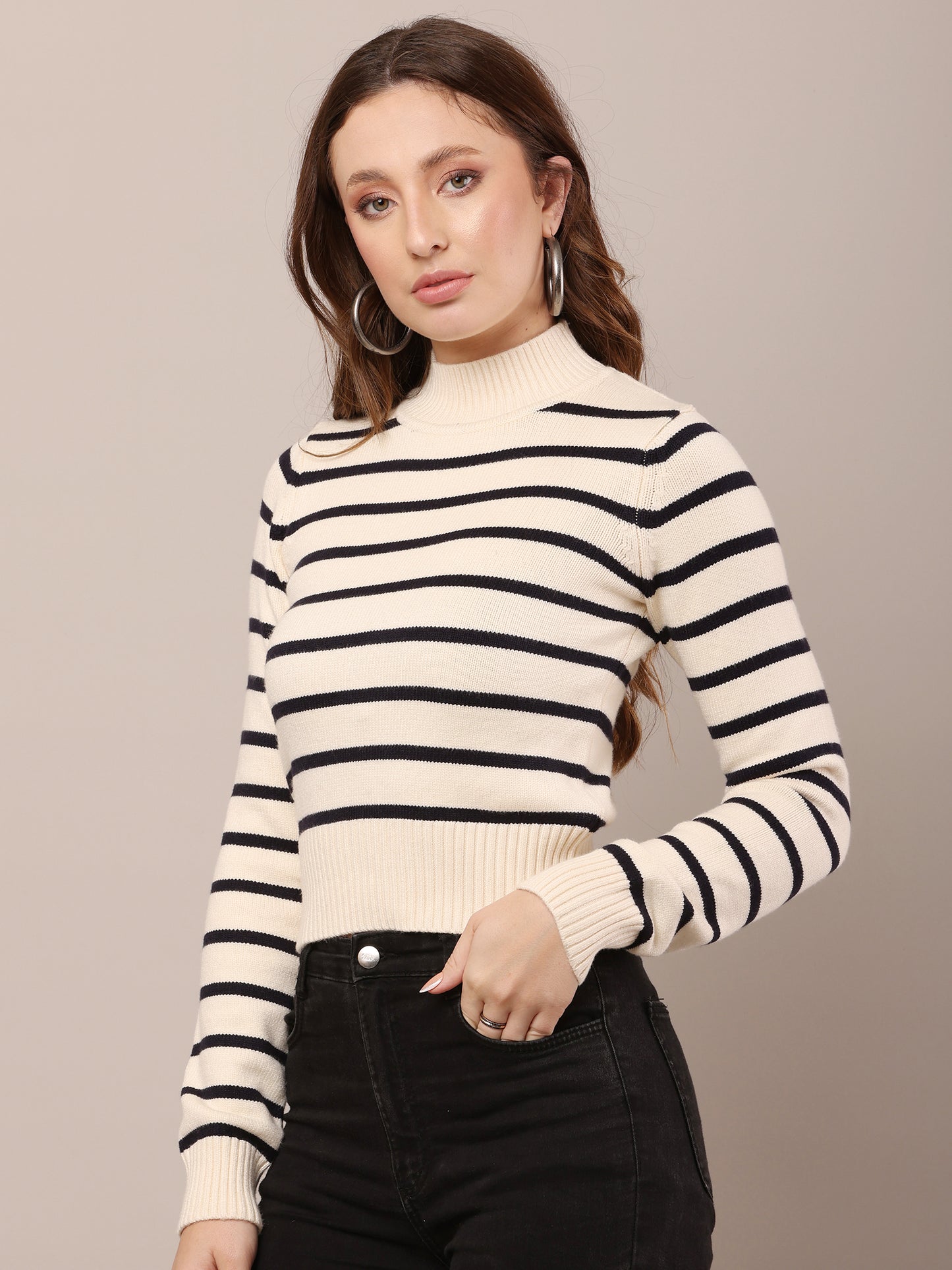 Viscose High Neck with Full Sleeve cream and Black Striped Sweater