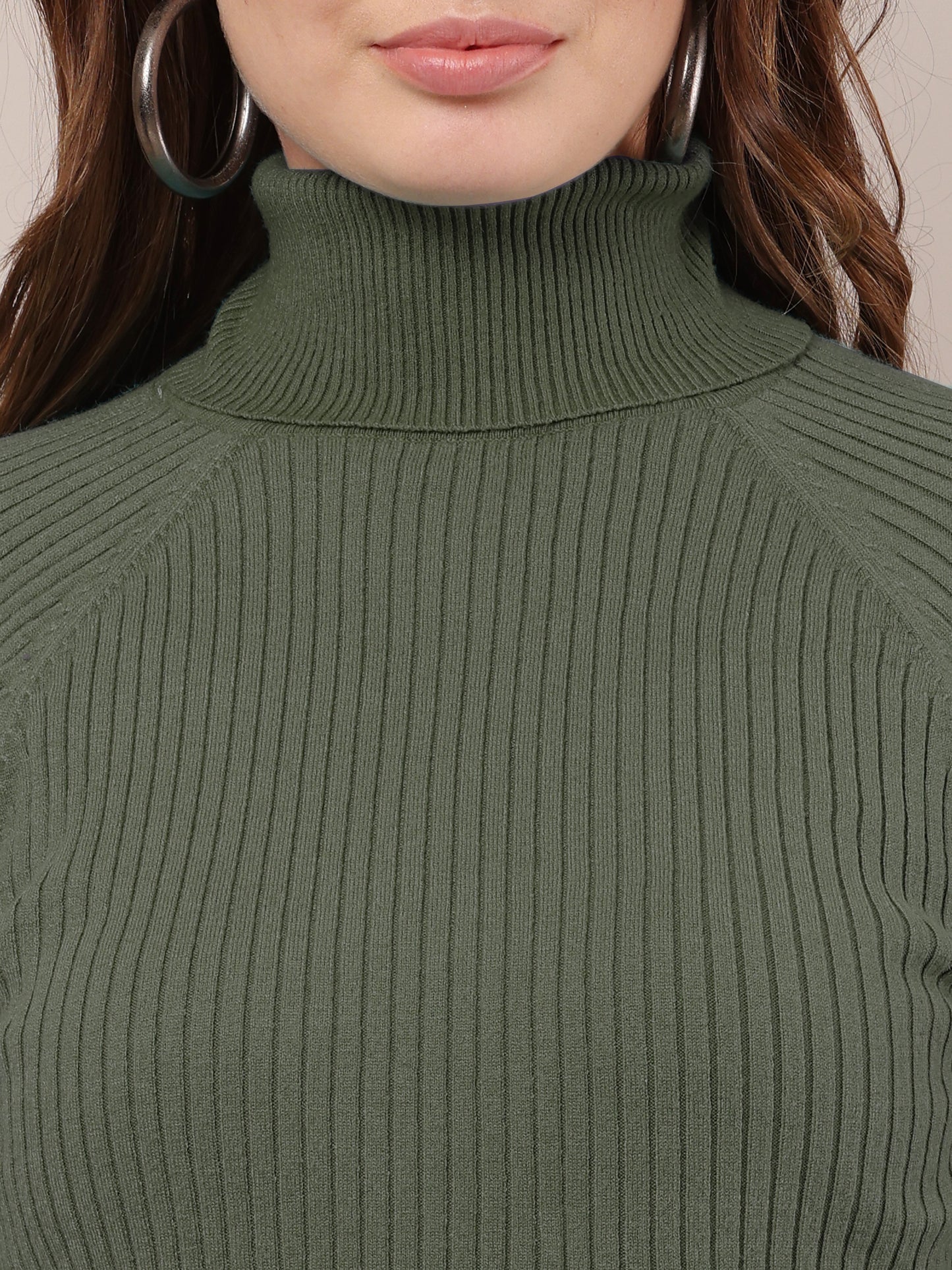 Cotton Raglan Full Sleeve with high-neck ribbed Dark Green sweater