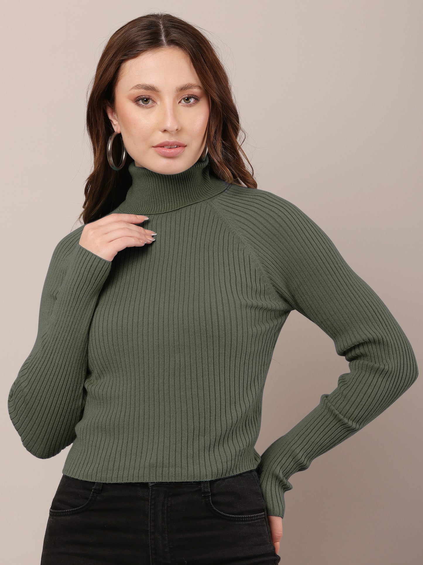 Cotton Raglan Full Sleeve with high-neck ribbed Dark Green sweater