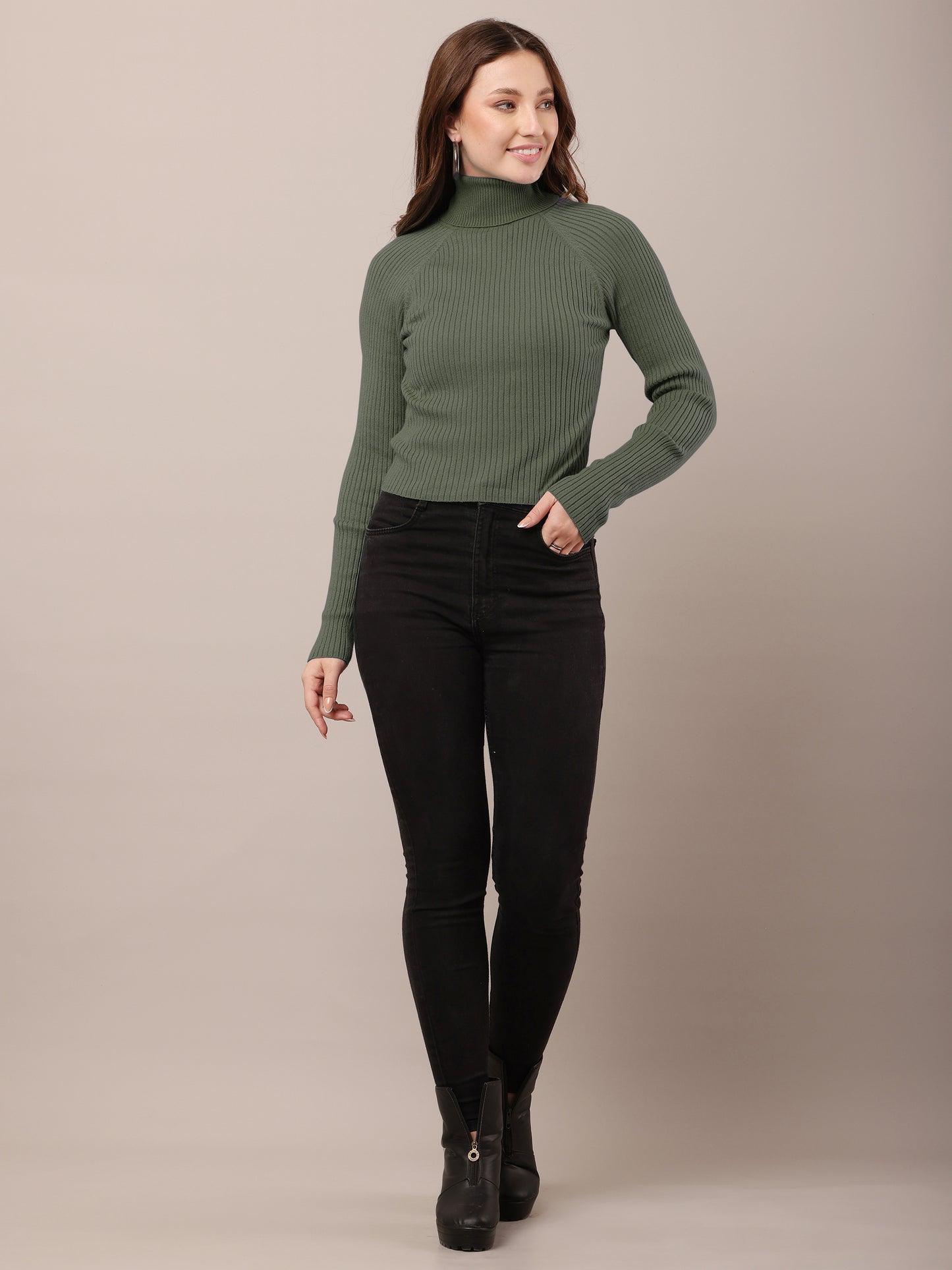 Cotton Raglan Full Sleeve with high-neck ribbed Dark Green sweater