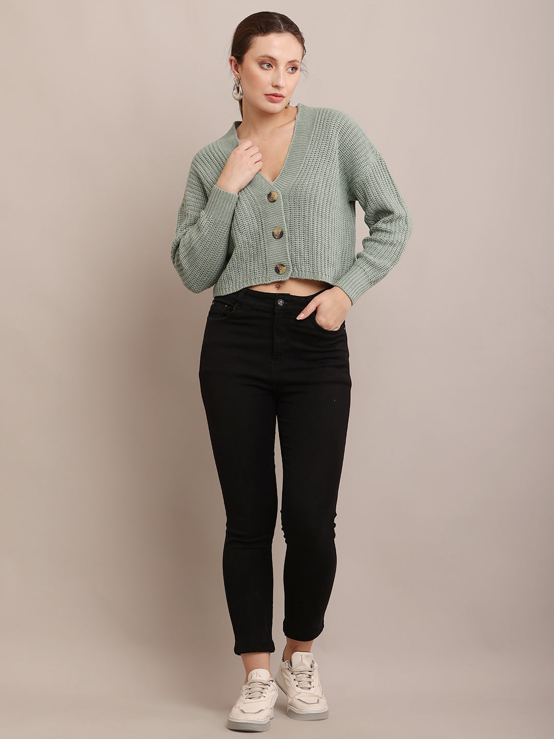 Acrylic Full Sleeve with V-neck Drop Shoulder Light Sea Green Cardigan