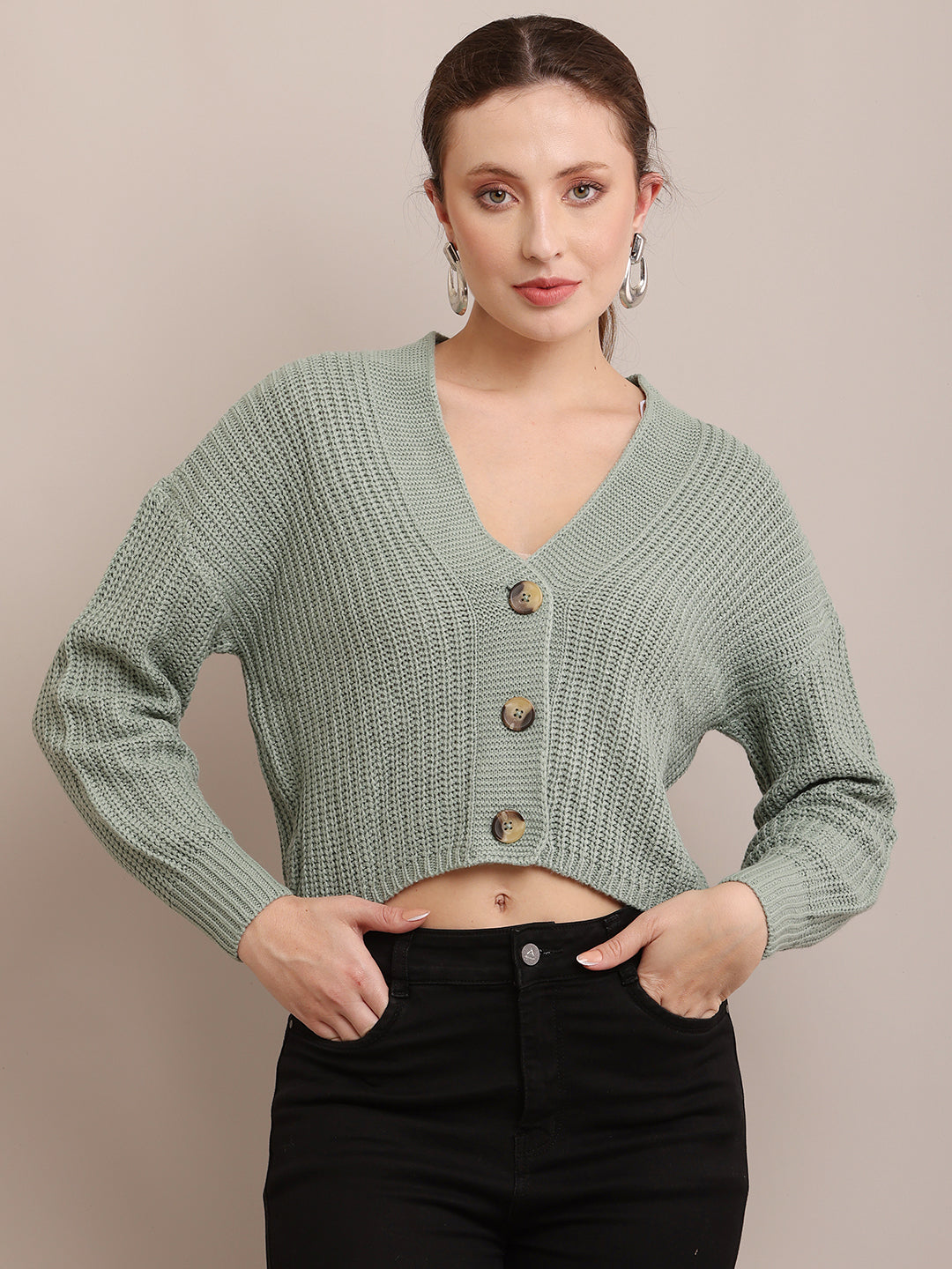 Acrylic Full Sleeve with V-neck Drop Shoulder Light Sea Green Cardigan