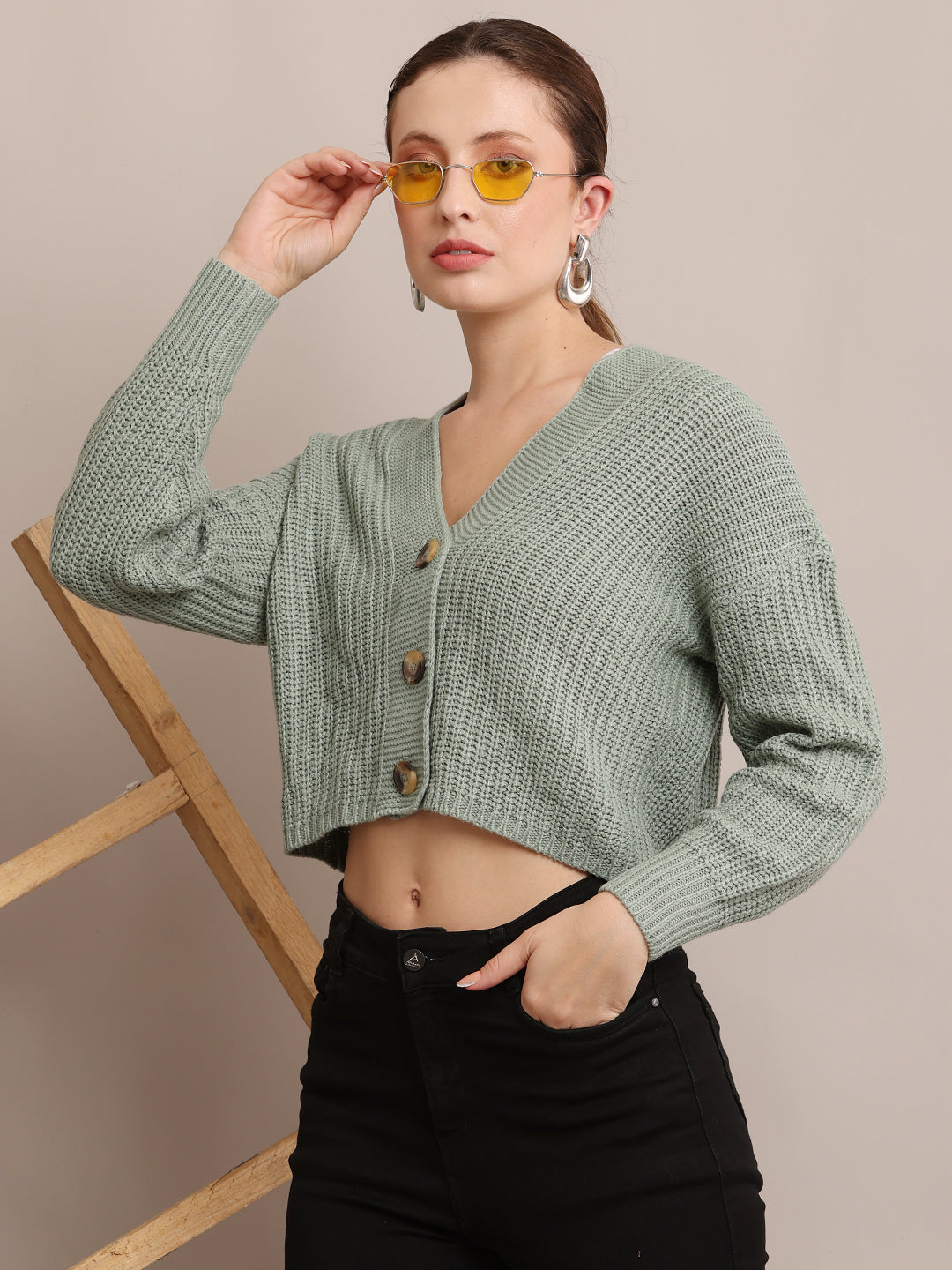 Acrylic Full Sleeve with V-neck Drop Shoulder Light Sea Green Cardigan