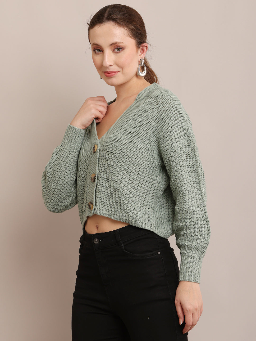 Acrylic Full Sleeve with V-neck Drop Shoulder Light Sea Green Cardigan