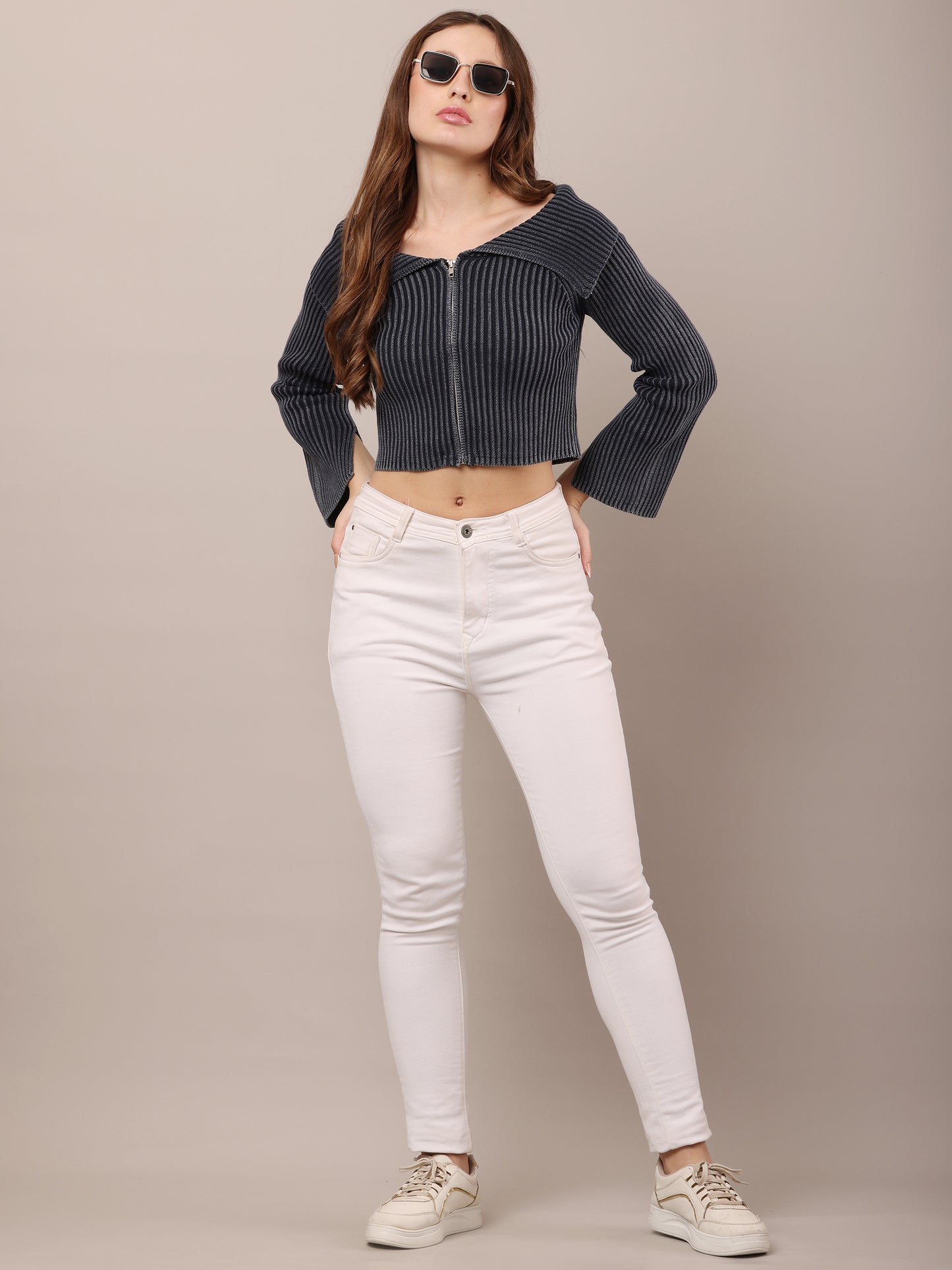 Cotton Striped Off-Shoulder Long Sleeve stretchable Bardot Crop Smoke Dark Blue Top
