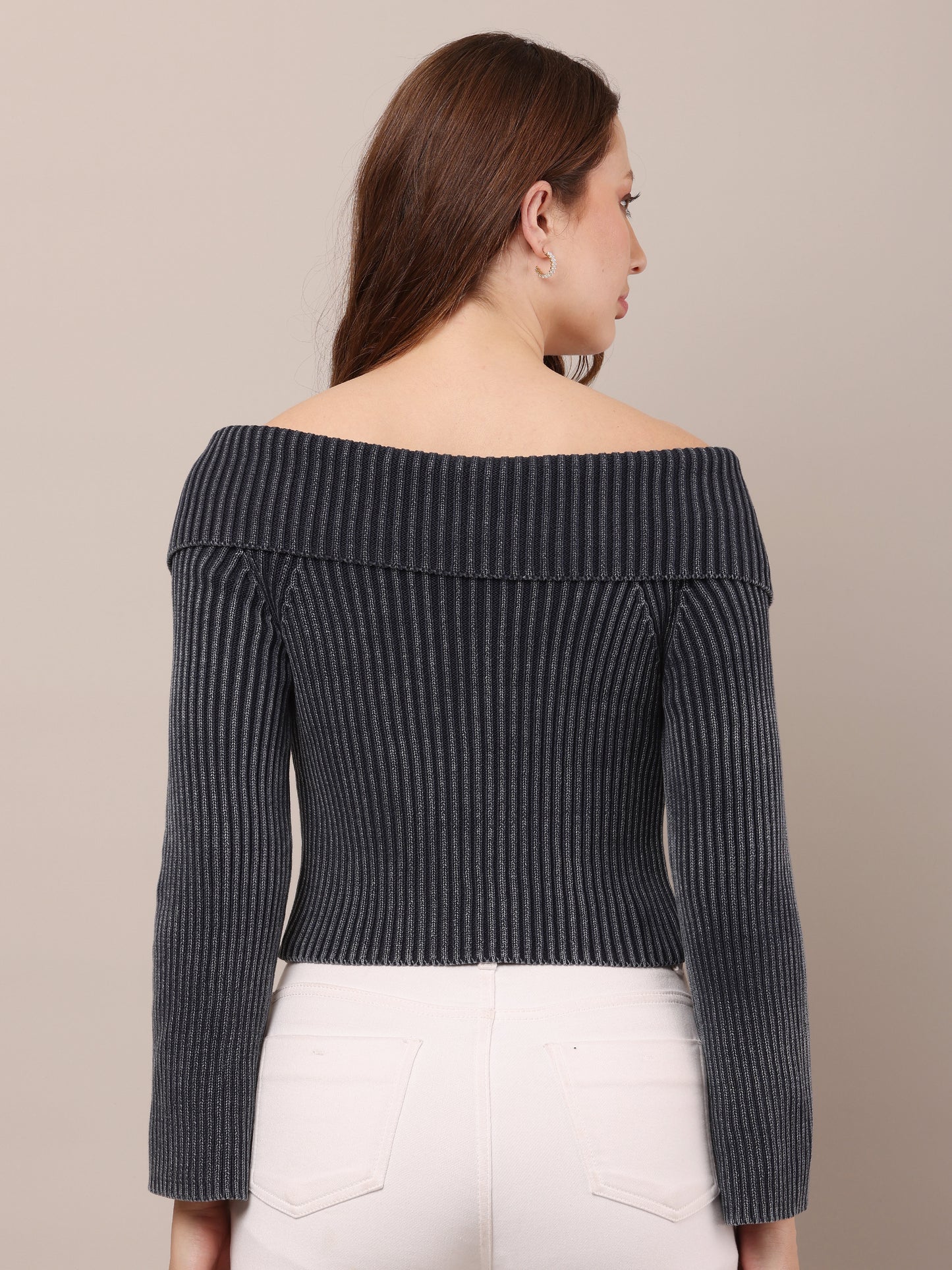 Cotton Striped Off-Shoulder Long Sleeve stretchable Bardot Crop Smoke Dark Blue Top