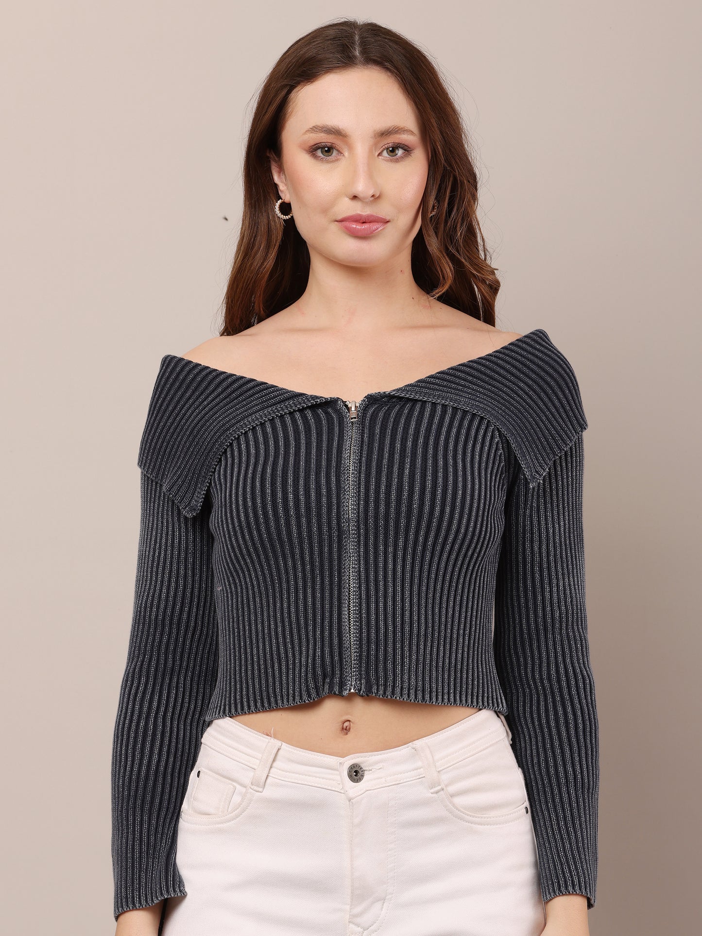 Cotton Striped Off-Shoulder Long Sleeve stretchable Bardot Crop Smoke Dark Blue Top