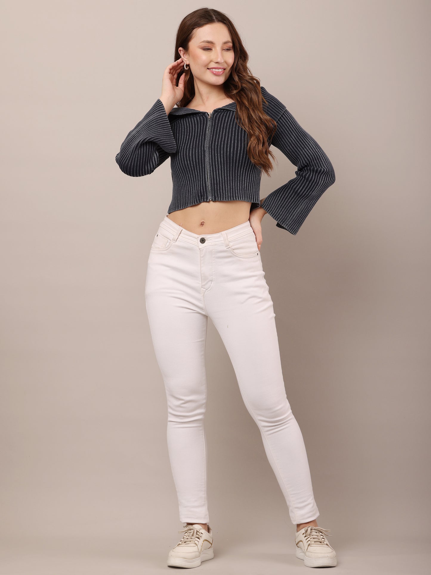 Cotton Striped Off-Shoulder Long Sleeve stretchable Bardot Crop Smoke Dark Blue Top