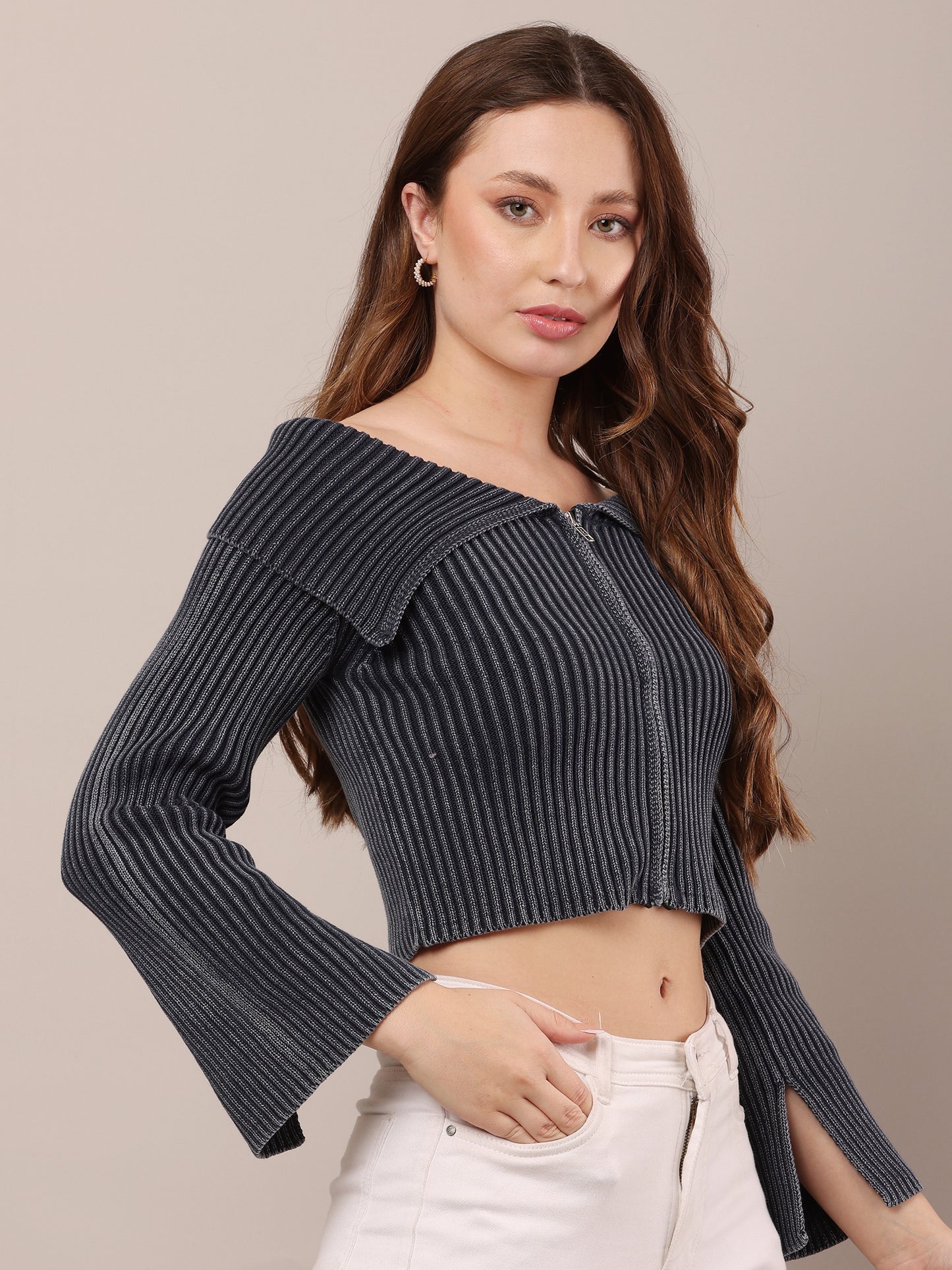 Cotton Striped Off-Shoulder Long Sleeve stretchable Bardot Crop Smoke Dark Blue Top