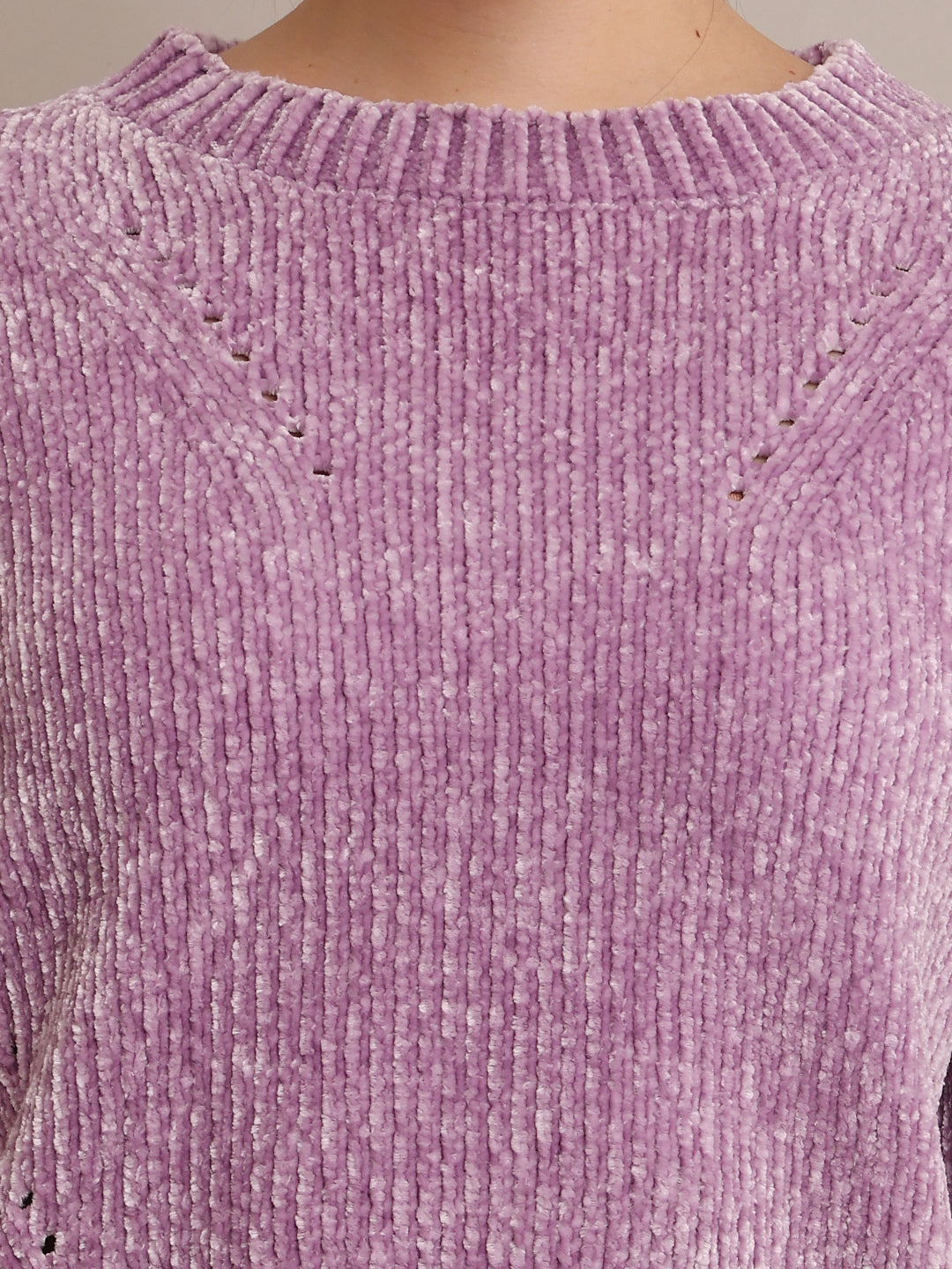 Polyester Full Sleeve with Round Neck Knitted Purple Sweater