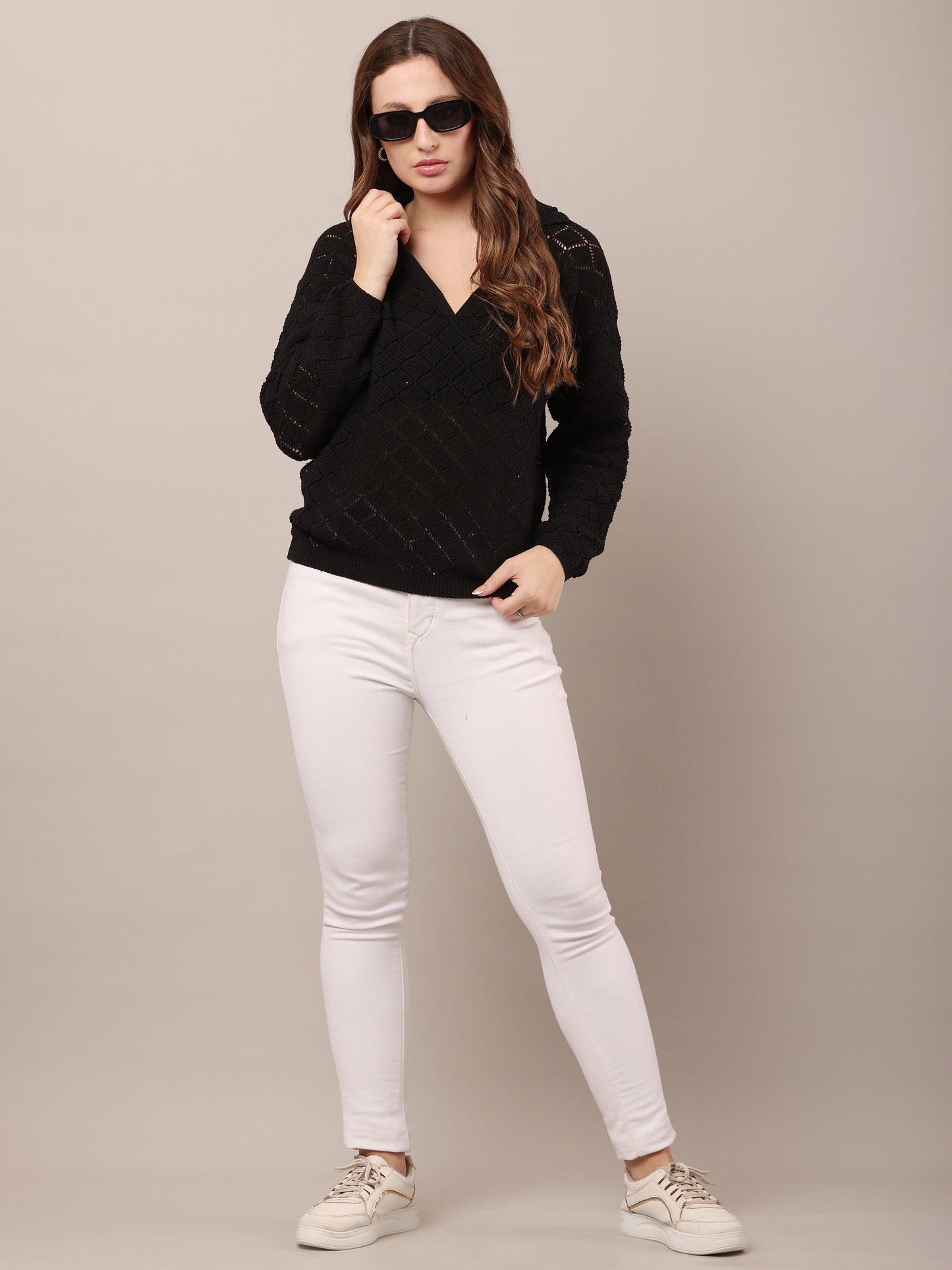 Cotton V-Neck with Full Sleeve Crochet Black Sweater
