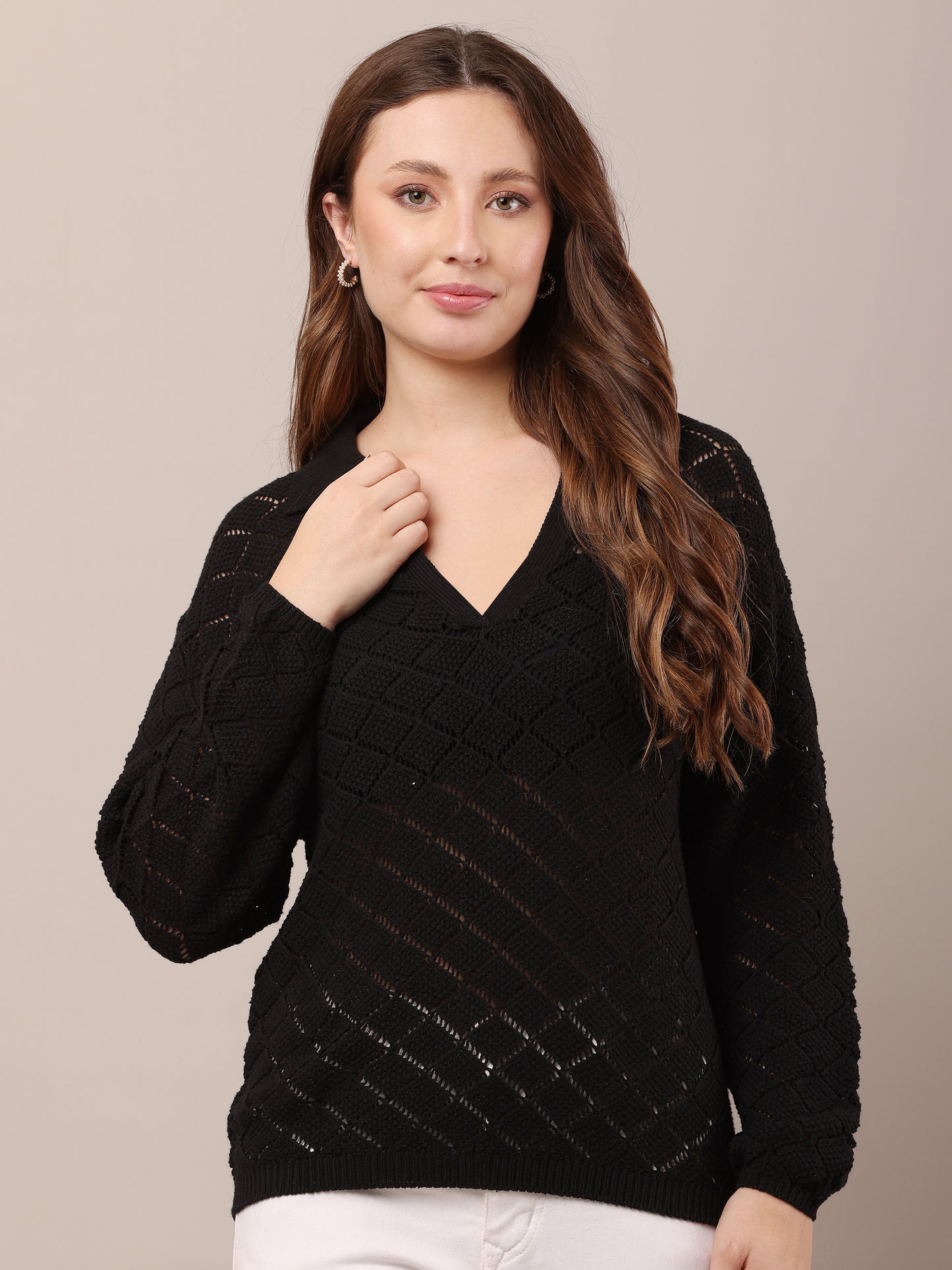 Cotton V-Neck with Full Sleeve Crochet Black Sweater