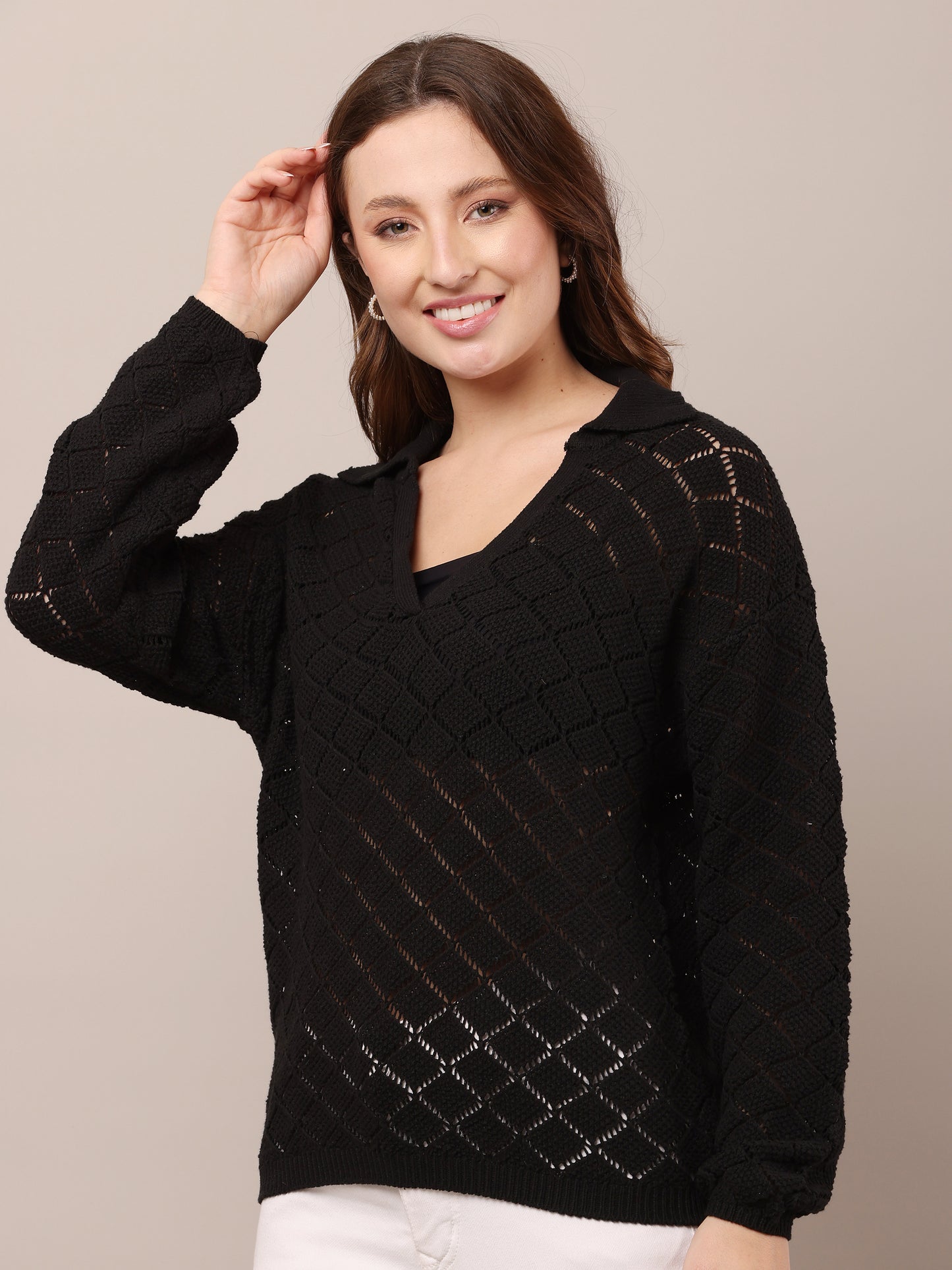 Cotton V-Neck with Full Sleeve Crochet Black Sweater