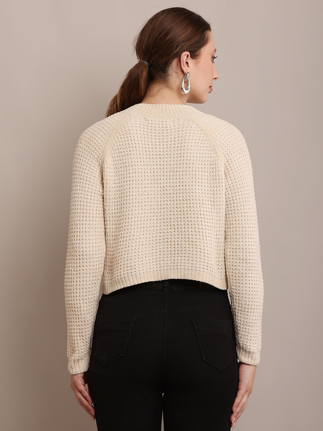 Polyester Crew neck With Full Sleeve Crop Knitted Cream sweater