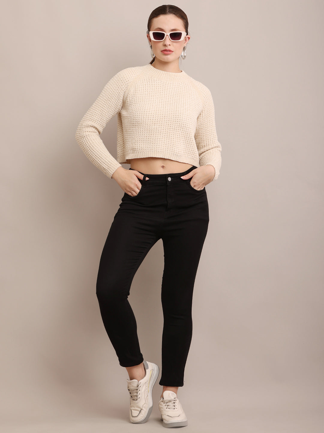 Polyester Crew neck With Full Sleeve Crop Knitted Cream sweater