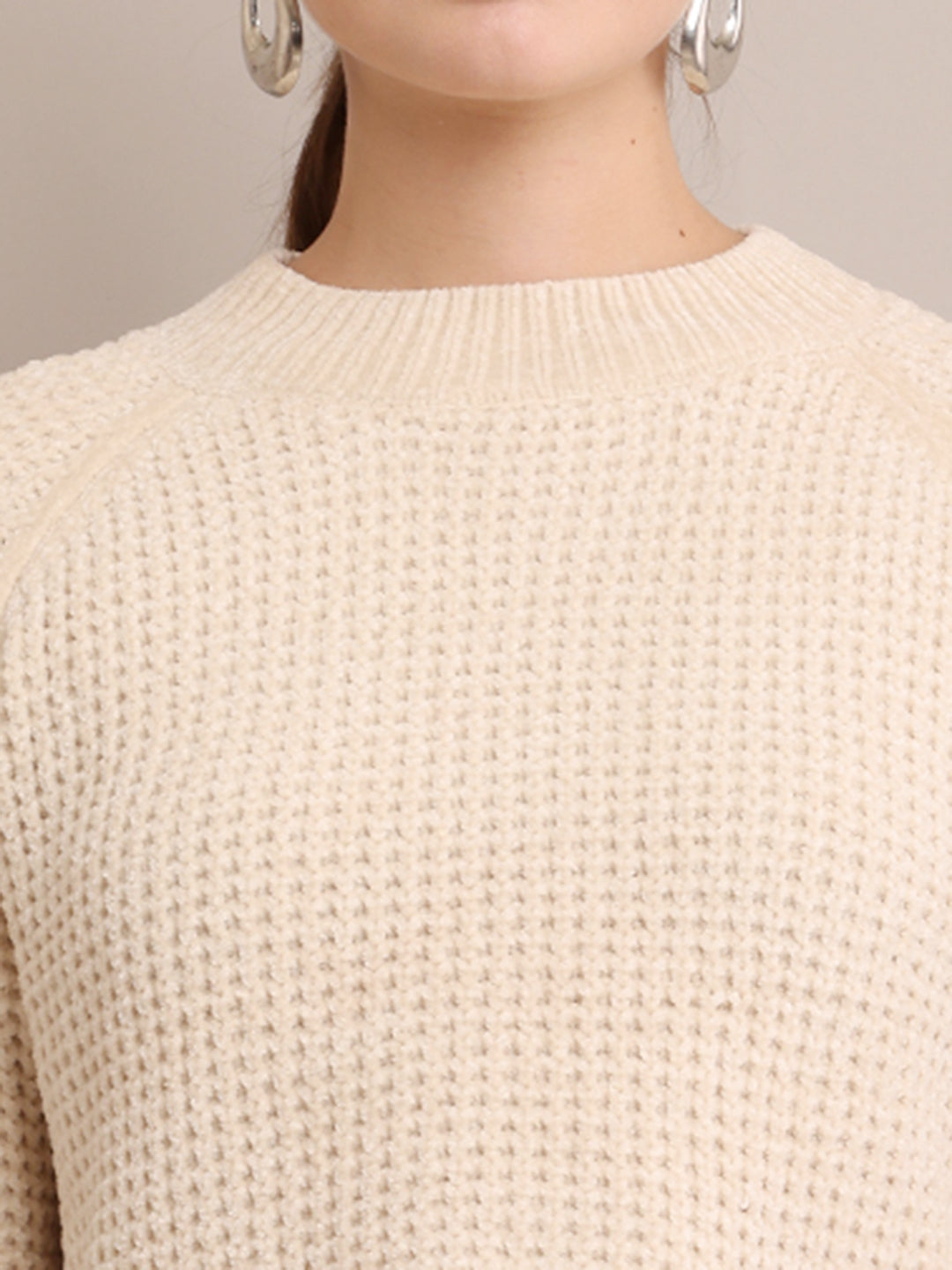 Polyester Crew neck With Full Sleeve Crop Knitted Cream sweater