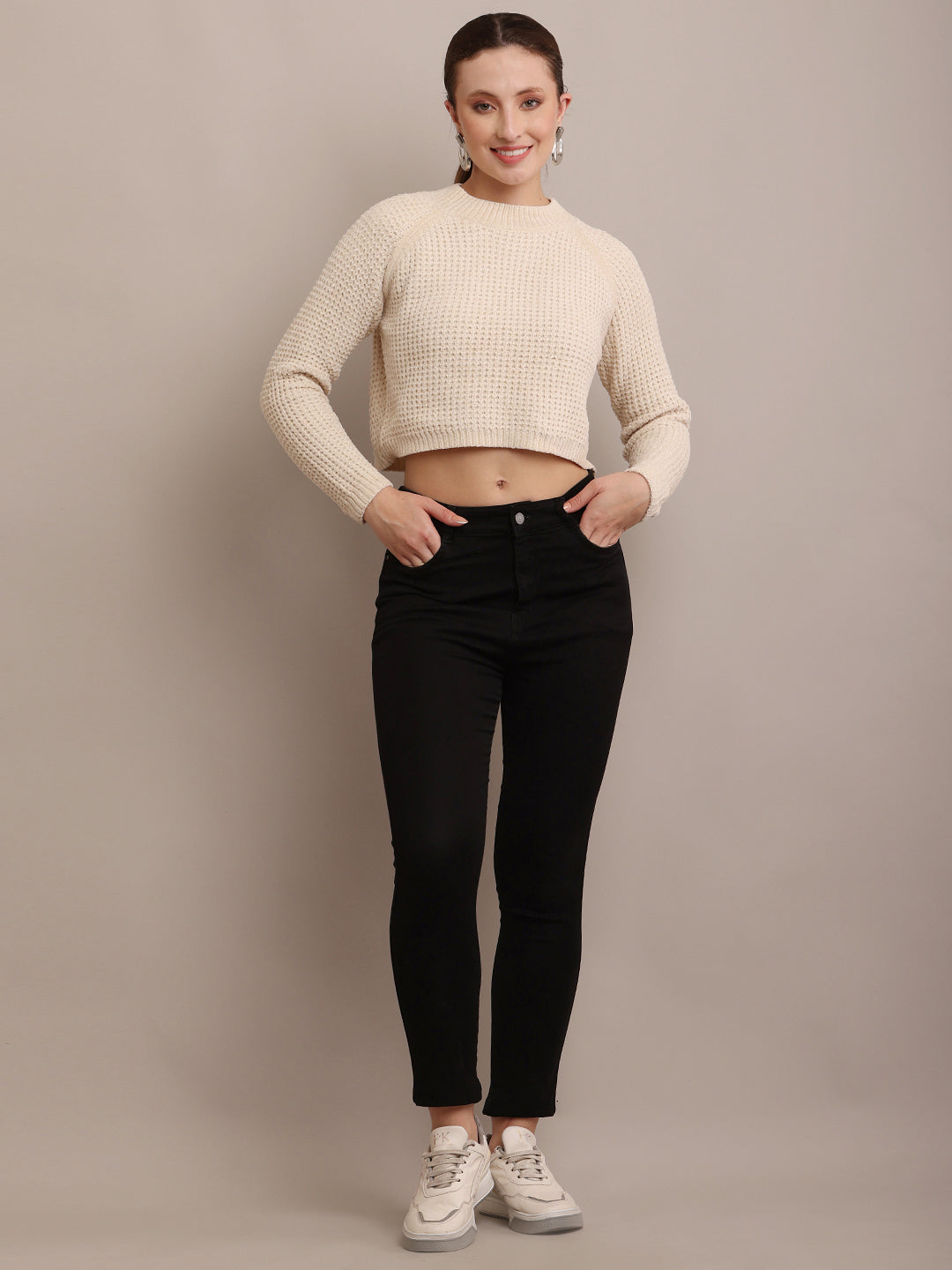 Polyester Crew neck With Full Sleeve Crop Knitted Cream sweater