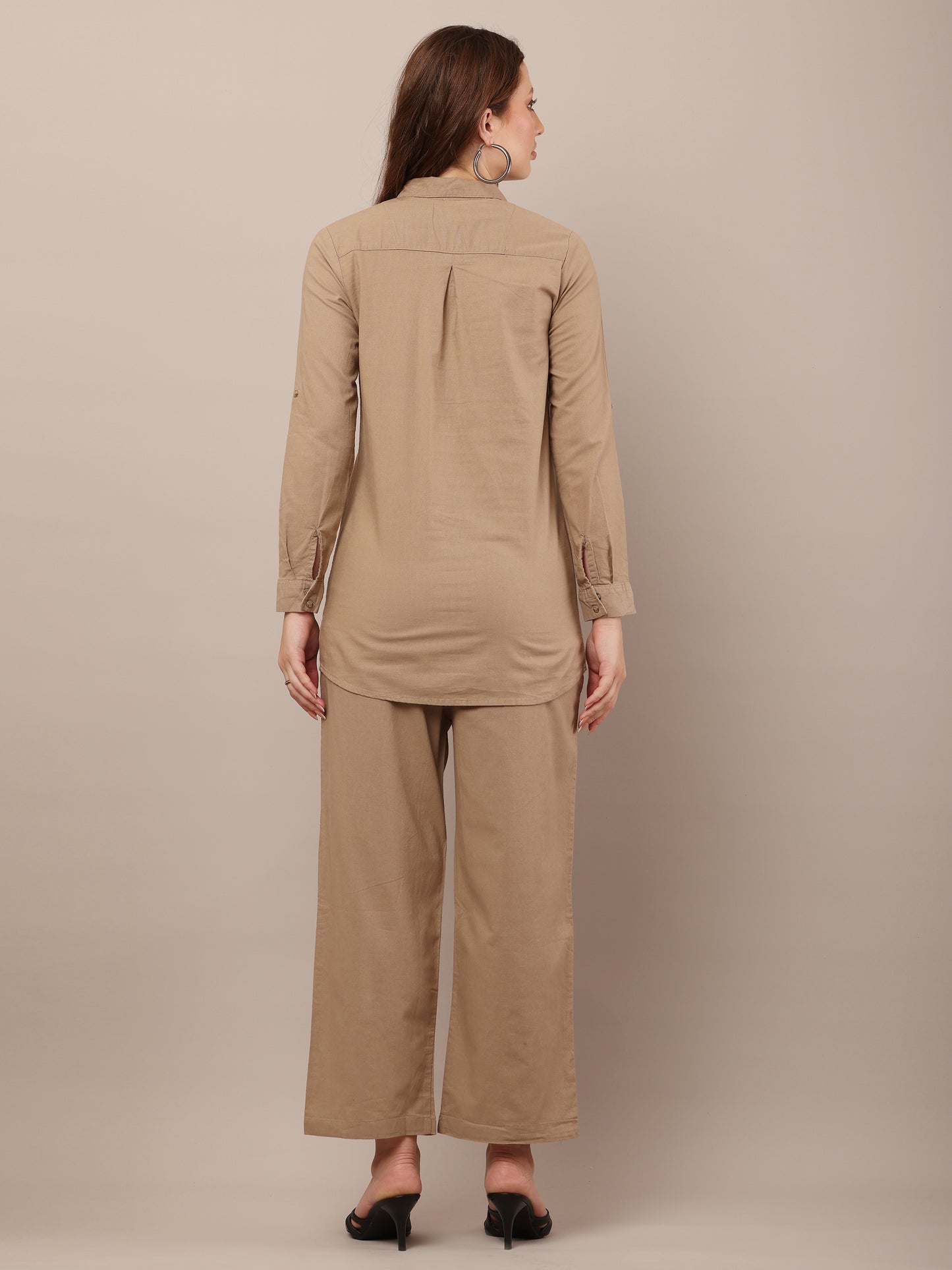 Brown with Shirt Collar Long Sleeves shirt With Trouser Co-Ord Set
