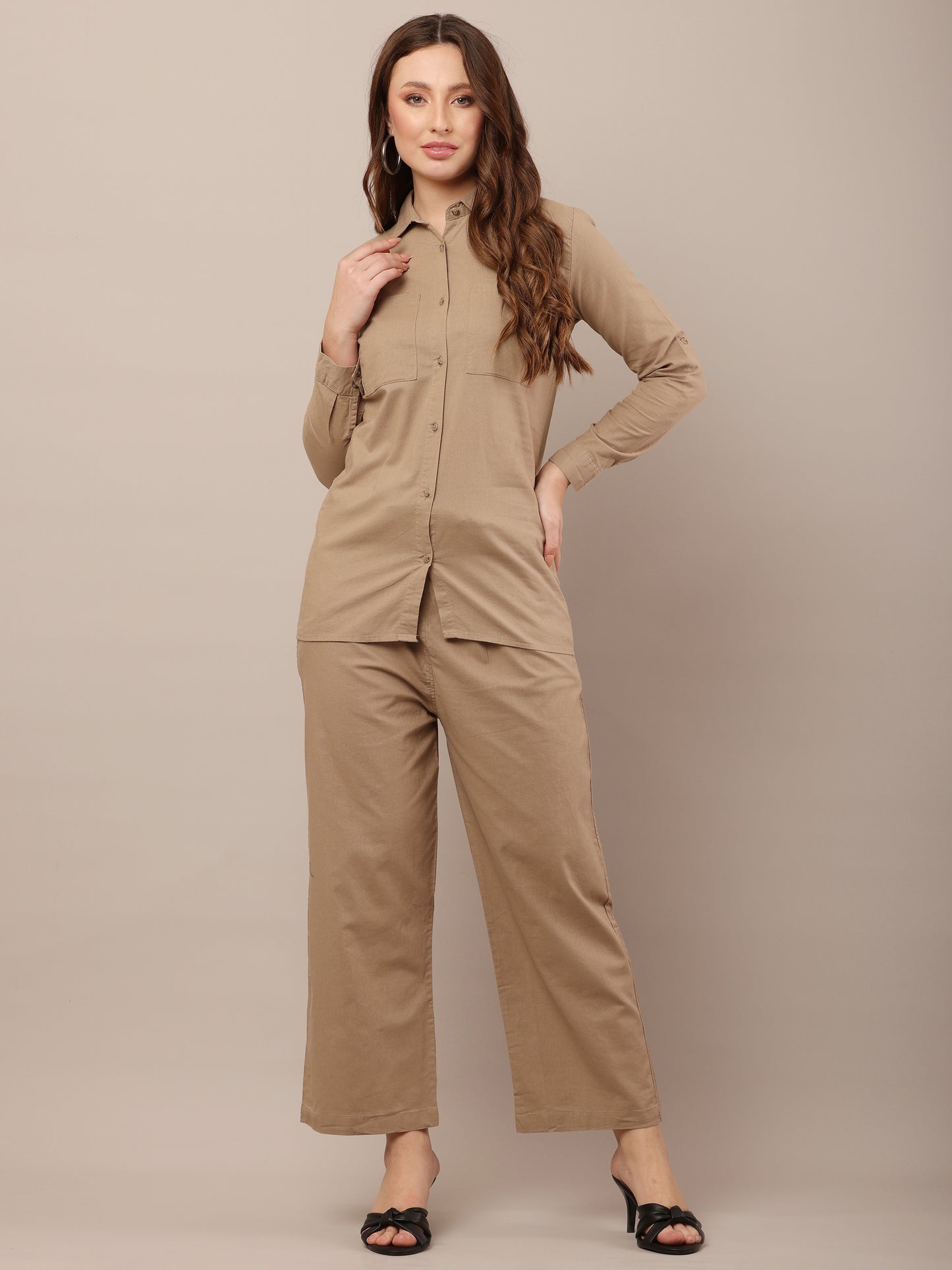 Brown with Shirt Collar Long Sleeves shirt With Trouser Co-Ord Set