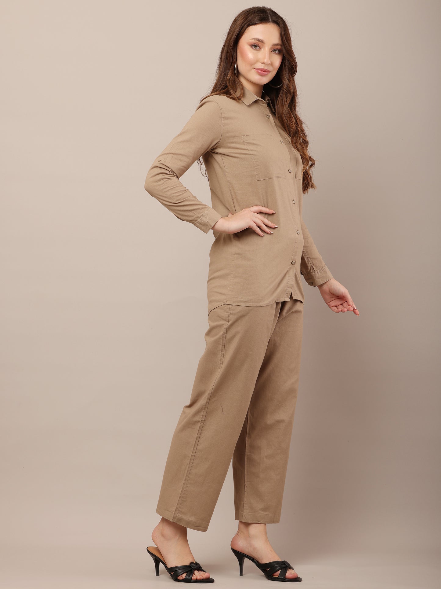Brown with Shirt Collar Long Sleeves shirt With Trouser Co-Ord Set