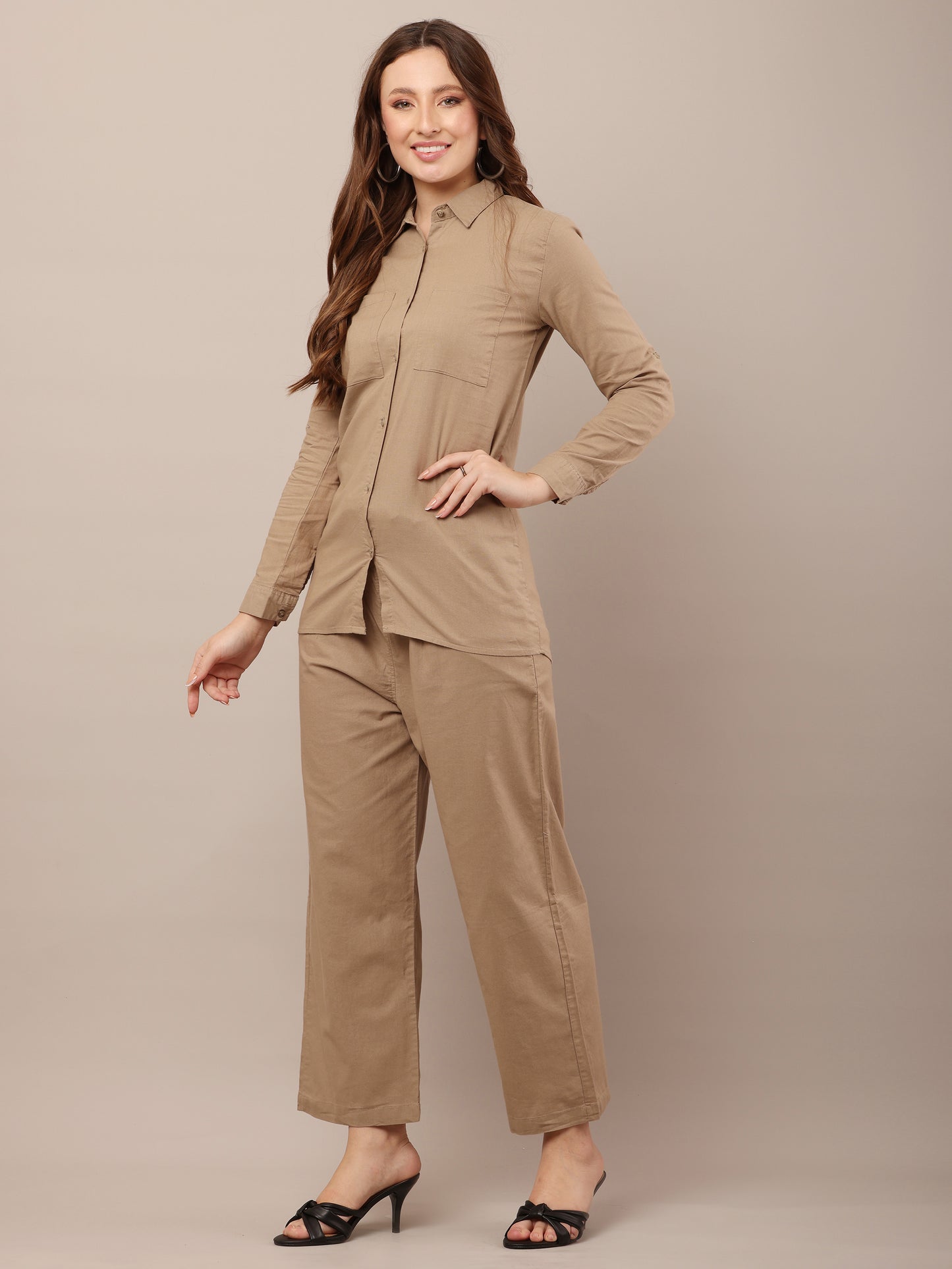 Brown with Shirt Collar Long Sleeves shirt With Trouser Co-Ord Set