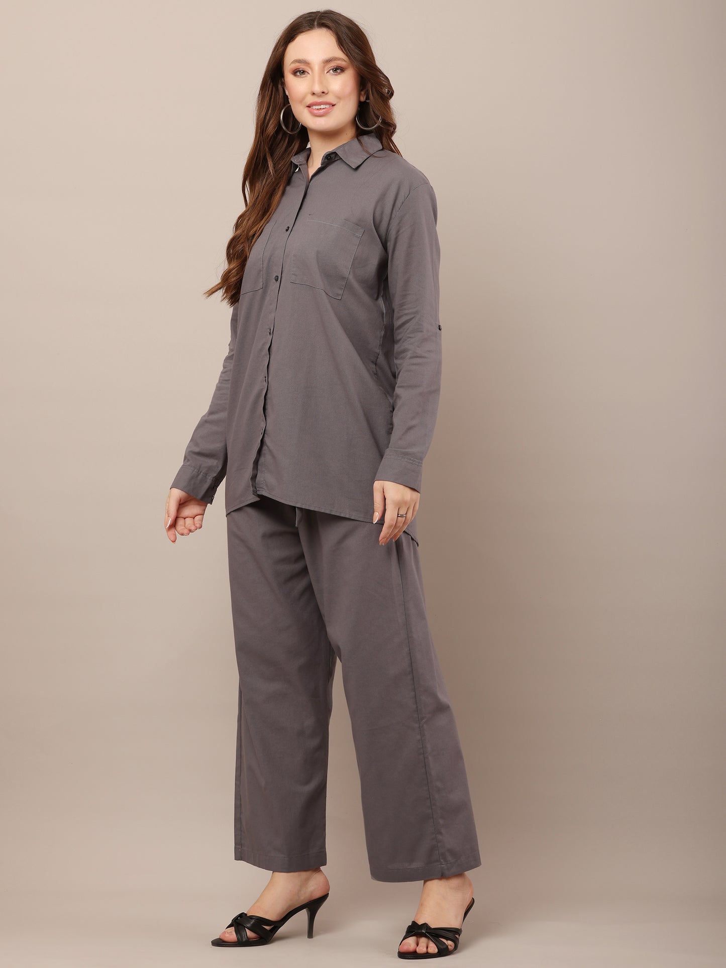 Grey with Shirt Collar Long Sleeves shirt With Trouser Co-Ord Set