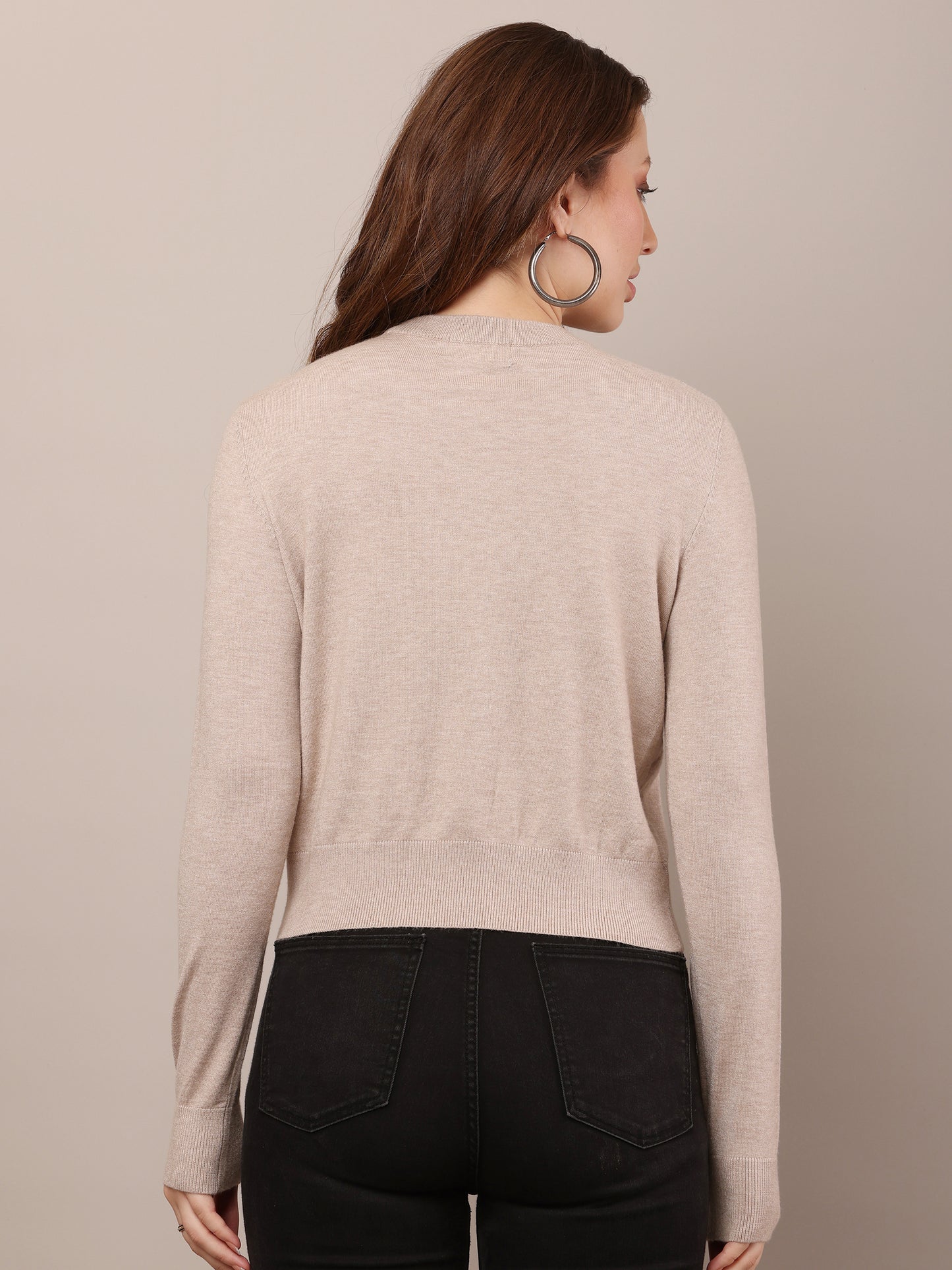 Cotton Full Sleeve with round neck Stretchable Crop Beige Sweater