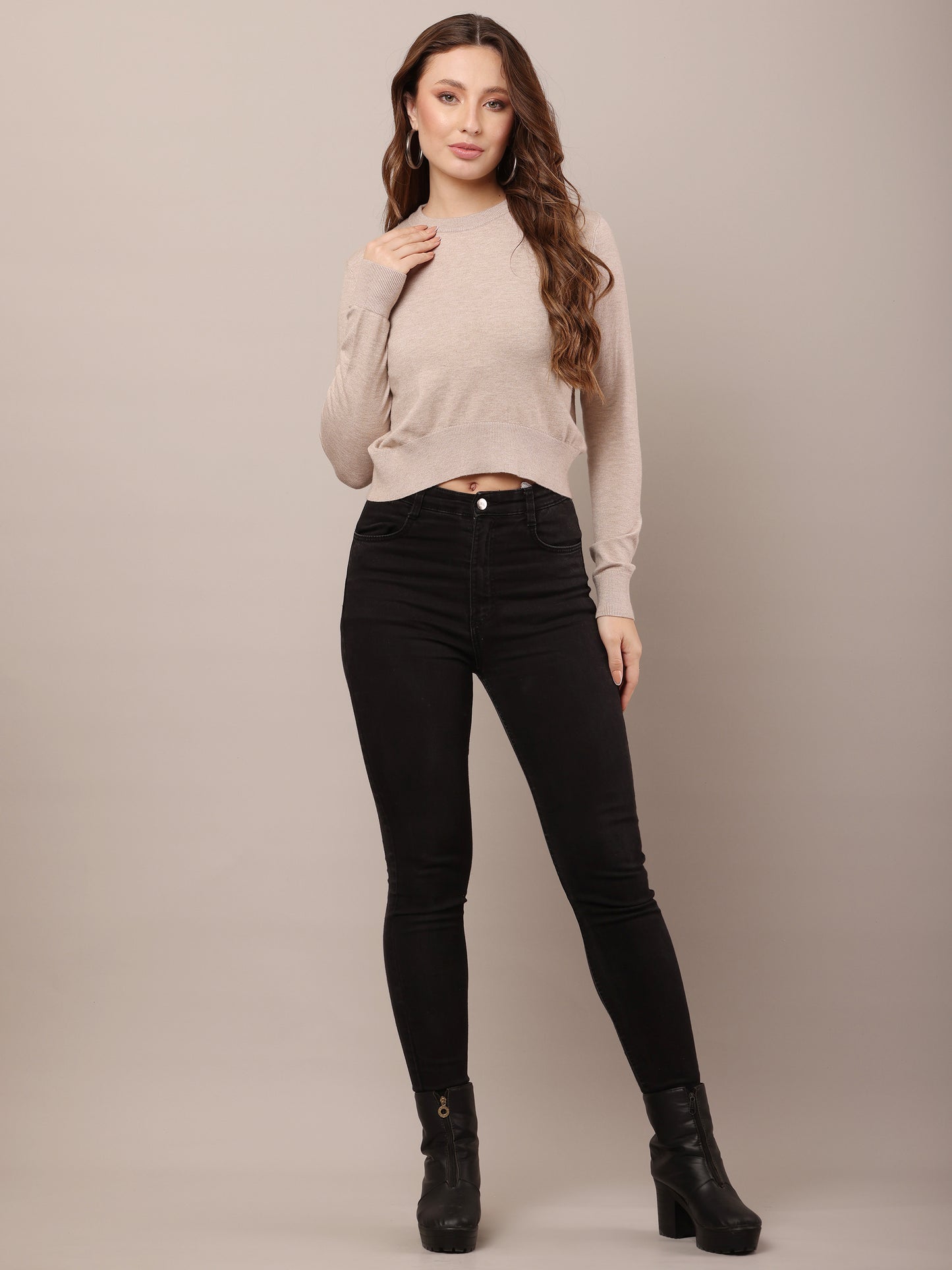 Cotton Full Sleeve with round neck Stretchable Crop Beige Sweater
